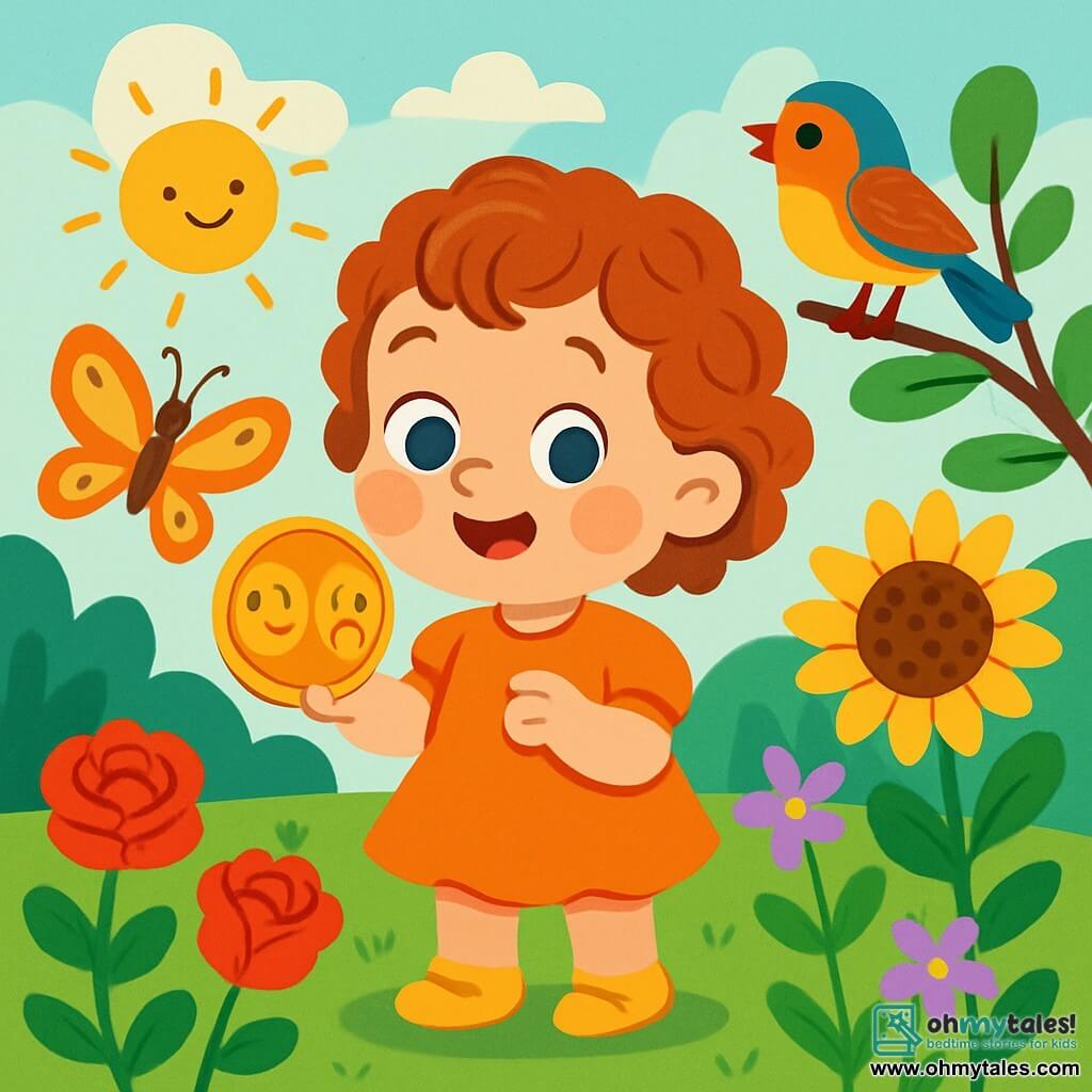 A 2-year-old girl with sparkling eyes and curly hair stands in the middle of an enchanted garden. She smiles in wonder, holding a shiny coin that has a smiling side and a sad side. Next to her, a colorful butterfly with golden wings dances in the air, adding a touch of magic to the scene. A small bird with bright feathers, perched on a branch, sings joyfully, watching the little girl with curiosity. The garden is filled with vibrant flowers, including red roses, yellow sunflowers, and delicate violets. A warm golden sun shines in a clear blue sky, illuminating the landscape. The little girl explores the garden, fascinated by the beauty around her, as she discovers the magical coin, a symbol of choice and life.
