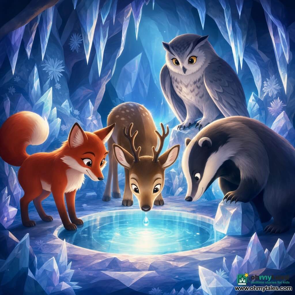 Rowan, a young reindeer with wide curious eyes, light brown fur speckled with beige and small delicate antlers, leans over a small clear-water basin, muzzle near the surface; Fern, a sleek red fox with mischievous eyes, sits to the left with her tail curled and ready to help; Bramble, a stocky badger with gray-and-black striped fur, stands solidly to the right with a paw on a frozen stone; Alder, a large gray-feathered owl with wise eyes, perches above them with wings partly folded. They form a tight circle around the mirrorlike pool in a secret cave lined with translucent crystals and frostflowers under soft blue light and glittering stalactites, joining their warmth and presence to wake the sleeping spring as a fragile glow begins to rise from the water.