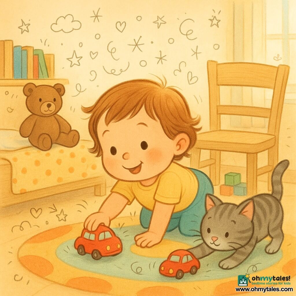 A joyful, curious 2-year-old girl with a round face and short chestnut hair crawls on a colorful rug holding a small shiny red car; a brown teddy named Teddy sits on the bed watching kindly, while a gray tabby cat named Poppy with a pink muzzle paws a small red car under a light wooden chair, gently pushing it; the warm bedroom has pastel walls, a shelf with books and blocks, a circular-patterned rug, a polka-dot blanket and a wooden chair, soft morning light creating a calm, playful scene with light doodles (stars, arrows, tiny pawprints) overlaid to suggest a little investigation.