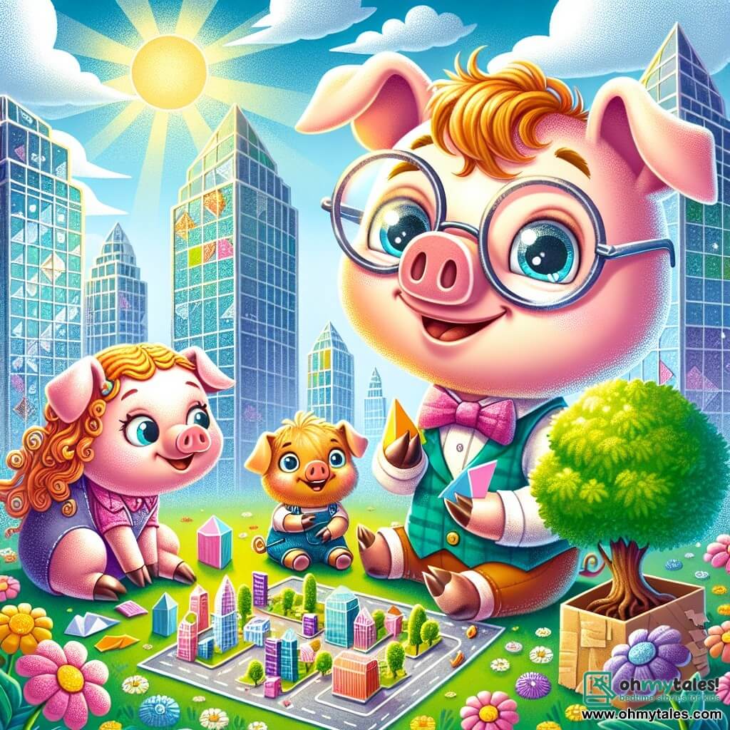 In a sunny corner of Silver City, Percy, the little pig with round glasses and pink fur, gazes in wonder at his paper palace, his eyes shining with pride and excitement. Next to him, his sister Penny, a little piglet with golden curls, smiles while holding a piece of colorful plastic, ready to turn waste into treasures. Patch, the youngest of the three little pigs, with his brown fur and big ears, kneels by a young tree he just planted, his face beaming with happiness. The setting is a lush plot of land surrounded by sparkling futuristic buildings, with colorful flowers growing between the concrete slabs. The sky is a bright blue, dotted with fluffy white clouds. The scene depicts the three little pigs united, each engaged in building their respective homes, showcasing their determination to bring life and color to their city. Sunlight illuminates their joyful faces as birds fly around them, adding a touch of magic to this moment of creativity and hope.