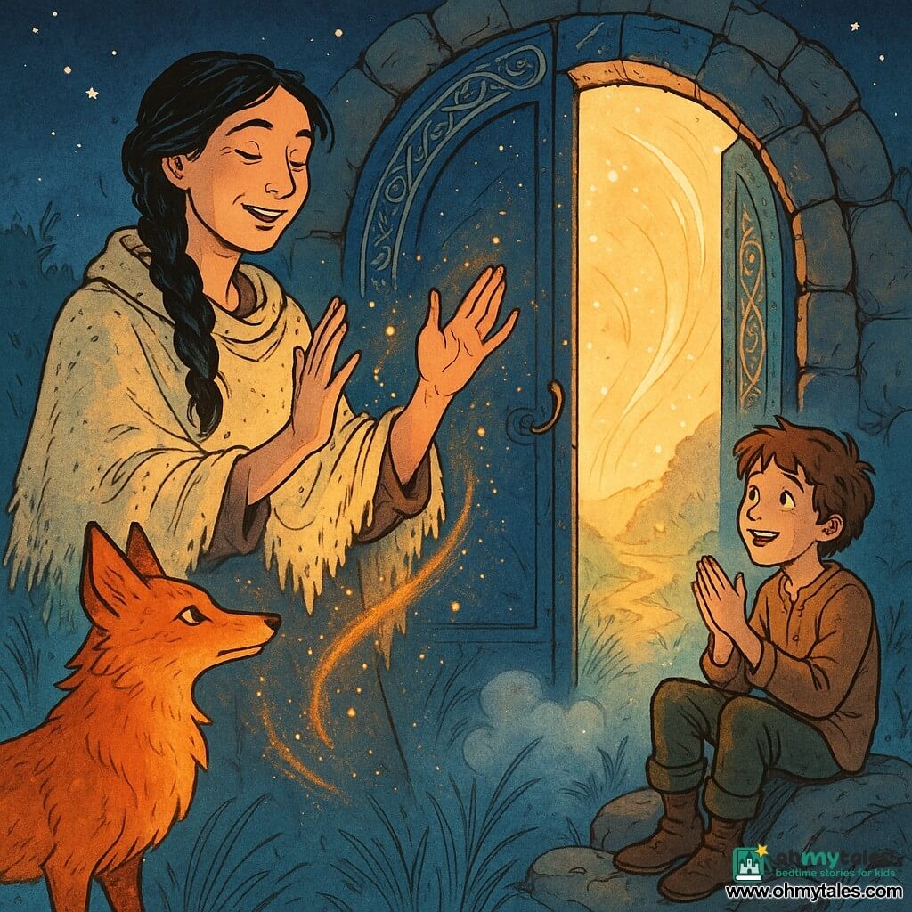 An adult woman with a gentle, determined face and braided black hair, wearing a cream wool shawl stained with sand, smiles serenely with her hands raised as she speaks, radiating calm with a bright gaze; a roughly 12-year-old boy with messy brown hair sits on a rock to her right with legs dangling, eyes wide and softly clapping; a fox-like fire creature with glowing orange fur and amber eyes stands attentive to her left; before them stands a massive door of dark lapis lazuli and carved ivory set in a circle of ancient stones, silver mist rising from the ground, blue grasses and low stars in an indigo sky, as the door opens slowly, bathing the scene in a soft golden light while swirls of light and gold dust spiral around the woman and a luminous valley beyond promises a new dawn.