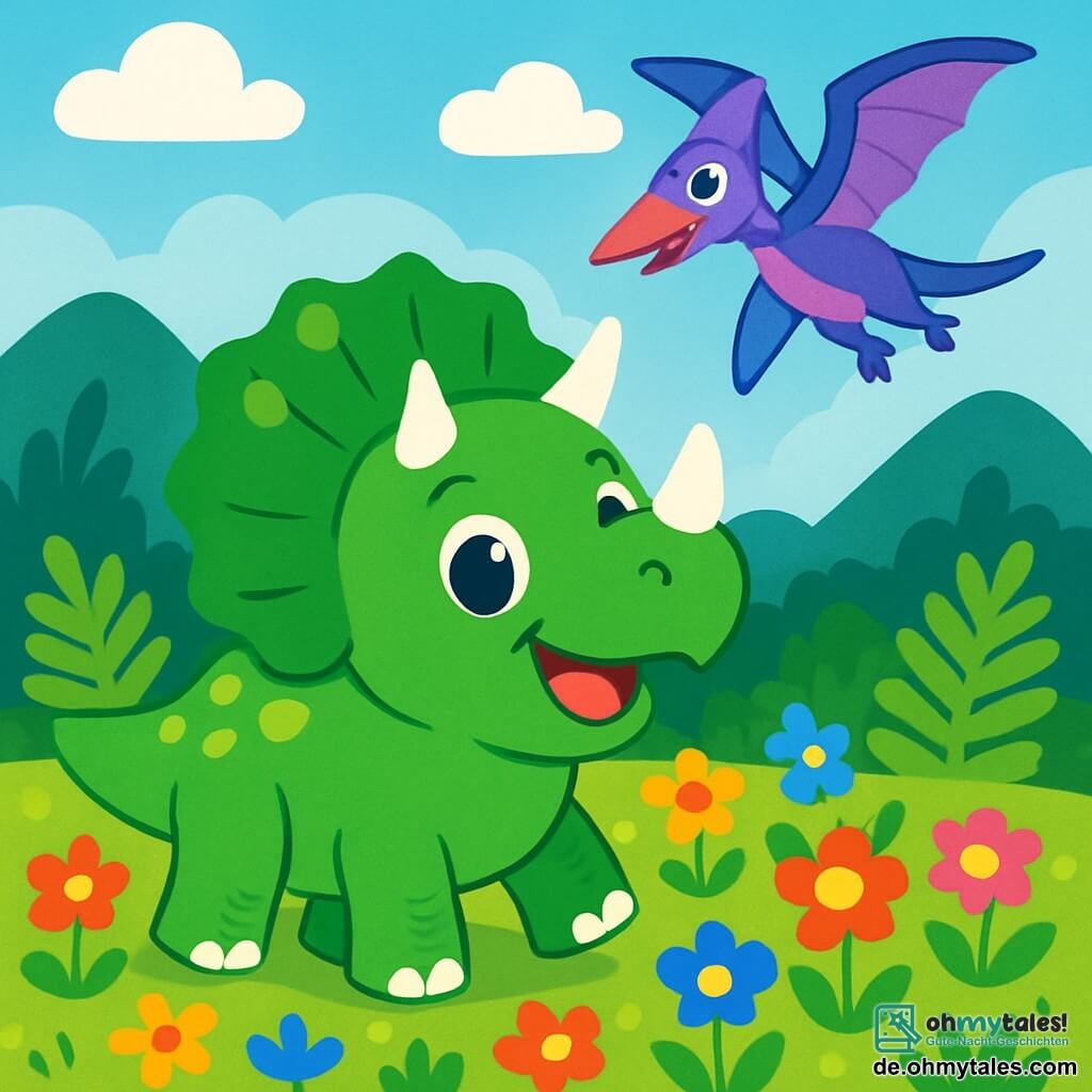 Ein junger Triceratops namens Timi, mit leuchtend grüner Haut und weißen Hörnern, steht fröhlich inmitten eines Feldes mit bunten Blumen. Seine großen, glänzenden Augen drücken Aufregung und Neugier aus. Neben ihm fliegt ein Flugsaurier mit schimmernden blauen und violetten Flügeln anmutig am Himmel und macht Pirouetten. Die Landschaft ist geprägt von großen grünen Farnen, sanften Bergen am Horizont und einem blauen Himmel, der mit bauschigen Wolken bedeckt ist. Timi, mit einem breiten Lächeln, ist bereit für ein Abenteuer, während der Flugsaurier ihn ermutigt, die Welt um sie herum zu erkunden.