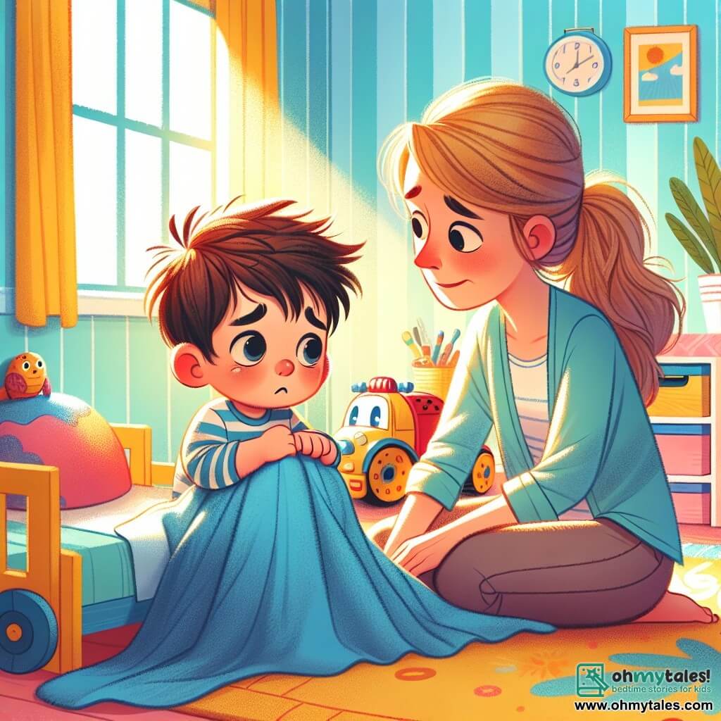 A 2-year-old boy with messy brown hair and round, curious eyes is sitting on his bed. He has a fearful expression, with furrowed brows and pursed lips, tightly holding his blue blanket. Next to him, his mother, a woman in her 30s with long blonde hair, sits on the edge of the bed. She smiles gently, with a reassuring hand on her son's shoulder, looking at him tenderly. The scene takes place in a bright children's room with pastel yellow walls, colorful toys scattered on the floor, and a large fluffy rug. A ray of sunlight streams through the window, illuminating the room. The boy listens to the sound of a vacuum cleaner making "vroom, vroom" noises in the next room, showing slight concern on his face. His mother speaks softly to reassure him, creating a warm and protective atmosphere.