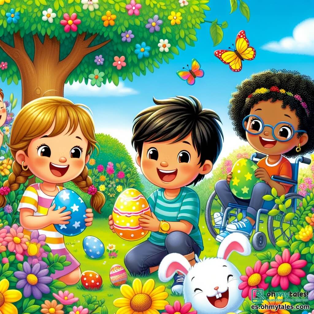 Cuatro amigos están en un jardín soleado, rodeados de flores coloridas y arbustos verdes. Sofía, una niña de 8 años con cabello castaño y trenzas, sonríe feliz sosteniendo un huevo amarillo brillante. A su lado, Tomás, un niño de 9 años con gafas y cabello rubio, señala un huevo azul escondido detrás de una flor. Lucas, un niño de 7 años con cabello negro y rizado, está agachado cerca de un árbol, descubriendo un huevo rojo con los ojos abiertos de emoción. Finalmente, Ana, una niña de 8 años en una pequeña silla de ruedas, ríe sosteniendo un huevo verde estrellado, rodeada de sus amigos. El jardín está lleno de flores brillantes, mariposas coloridas y un gran árbol con un tronco robusto, debajo del cual se esconde un pequeño conejo de peluche. La escena es alegre y luminosa, ilustrando la magia de la búsqueda de huevos de Pascua. Los amigos están en plena búsqueda, riendo y animándose, mientras el conejo de Pascua los observa con una sonrisa cómplice.