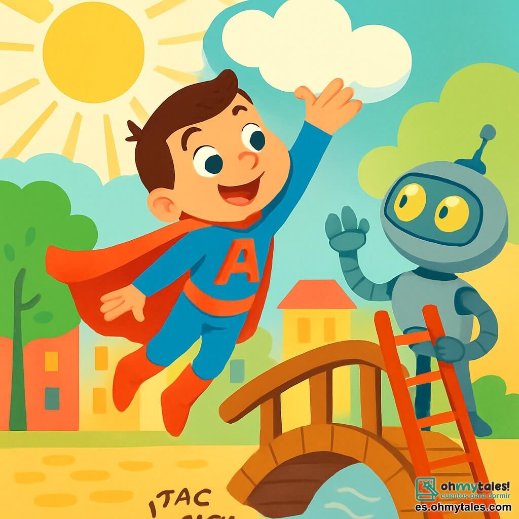 Un hombre superhéroe, llamado Álex, flota en el aire con una gran sonrisa alegre. Lleva un traje azul brillante con una capa roja que brilla bajo el sol. Sus ojos destellan de emoción mientras extiende las manos hacia una nube esponjosa y blanca que está justo encima de él. A su lado, un robot amistoso con brazos de metal plateado y ojos luminosos observa con curiosidad. El robot tiene forma redonda y sostiene una escalera roja, listo para ayudar. El escenario es una ciudad colorida con edificios de tonos pastel, calles empedradas y árboles de hojas verdes brillantes. Un puente de madera, un poco desgastado, se alza en medio de la escena, pidiendo ayuda con pequeños golpes. La situación principal muestra a Álex liberando la nube que se había enganchado en el puente, mientras el robot lo anima con entusiasmo. Rayos de luz dorada iluminan la escena, creando una atmósfera alegre y mágica.