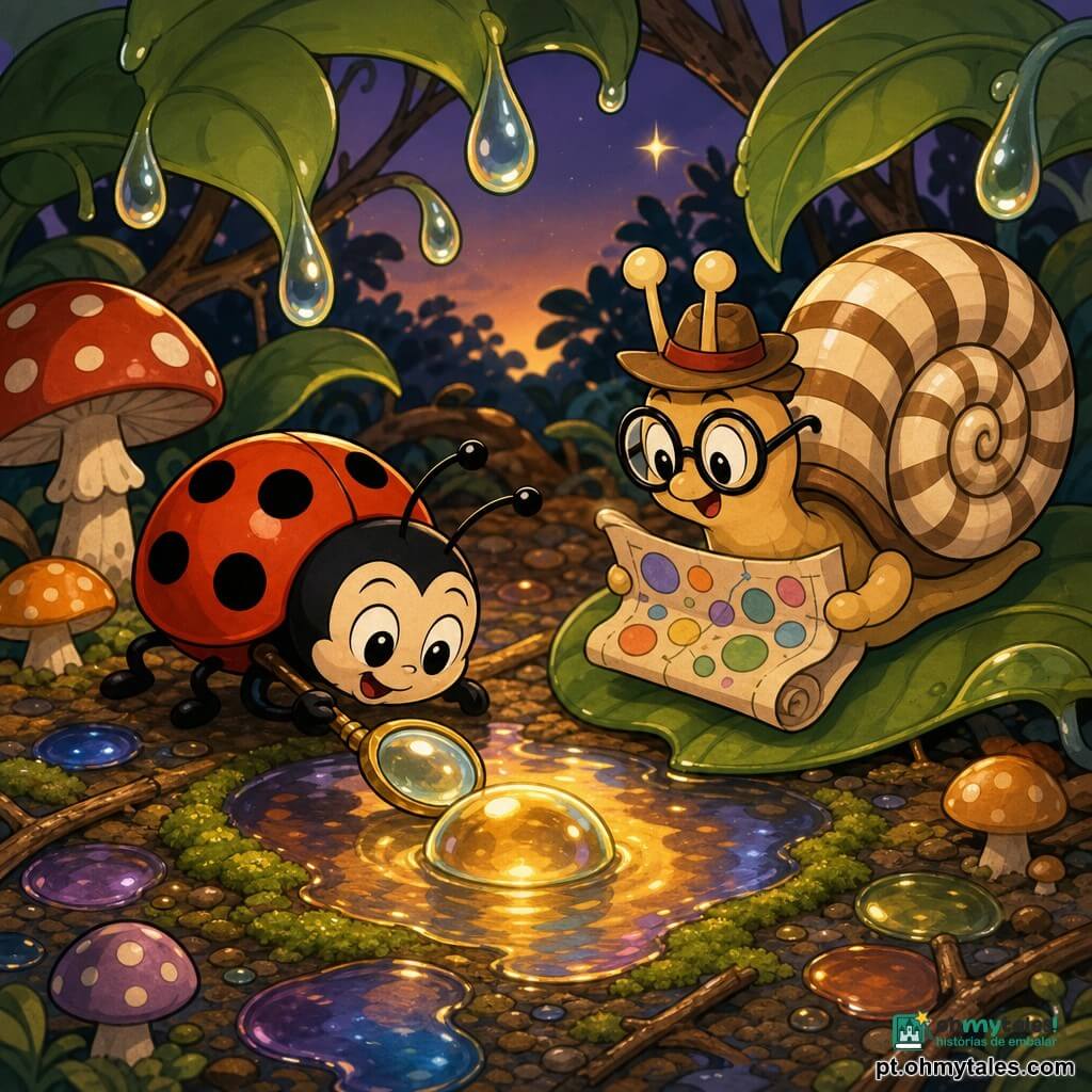 Uma joaninha pequena e alegre, carapaça vermelha com seis manchas pretas, olhos grandes brilhantes, sorri inclinada sobre uma poça brilhante observando uma bolha mágico-dourada mutante com lupa em gota; Sir Vasco, um pequeno caracol cartógrafo sorridente com concha castanha às riscas creme, óculos redondos grandes e chapéu inclinado, segura um rolo de mapa com círculos coloridos sentado numa folha à direita; ao redor gotas de chuva em gelatina nas grandes folhas, alguns cogumelos e raminhos e uma estrela vespertina visível; solo coberto por poças multicolor que refletem como vidro, algumas margeadas por musgo e a poça central com reflexo dourado iridescente; cena ao crepúsculo com luz quente, traços suaves, formas arredondadas, cores saturadas, contornos pretos grossos, estética retro e lúdica.