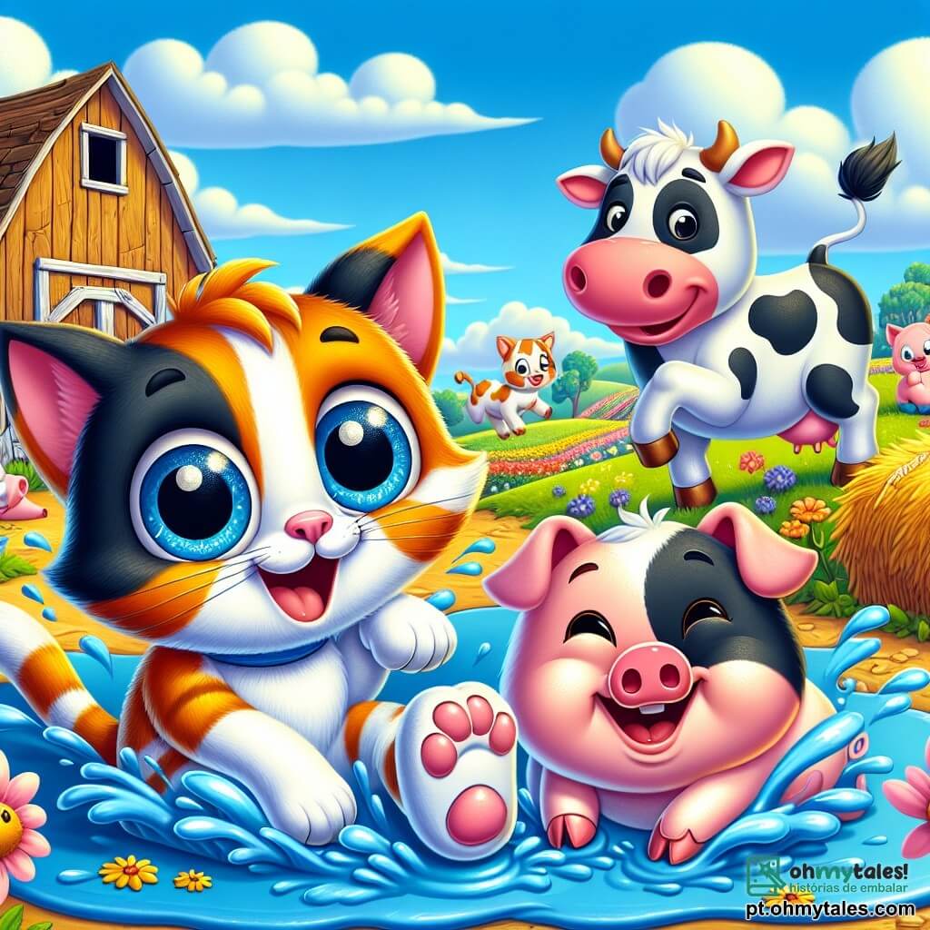 Um gato chamado Tico, com pelos listrados de laranja e branco e grandes olhos brilhantes de travessura, está escorregando em uma grande poça de água azul, rindo muito. Ao lado dele, uma vaca chamada Mimi, com pelagem preta e branca e um grande sorriso, observa a cena rindo, enquanto está perto de um velho celeiro onde o feno está empilhado. Um porquinho chamado Pipo, com pele rosa e bochechas arredondadas, está sentado no chão, rindo de coração, com as patas para cima. Ao fundo, uma fazenda colorida com um céu azul claro e nuvens fofas, cercada por campos verdes e flores vibrantes, cria uma atmosfera alegre. A cena mostra a diversão dos animais enquanto eles participam de uma competição de travessuras, cheia de risadas e caos.