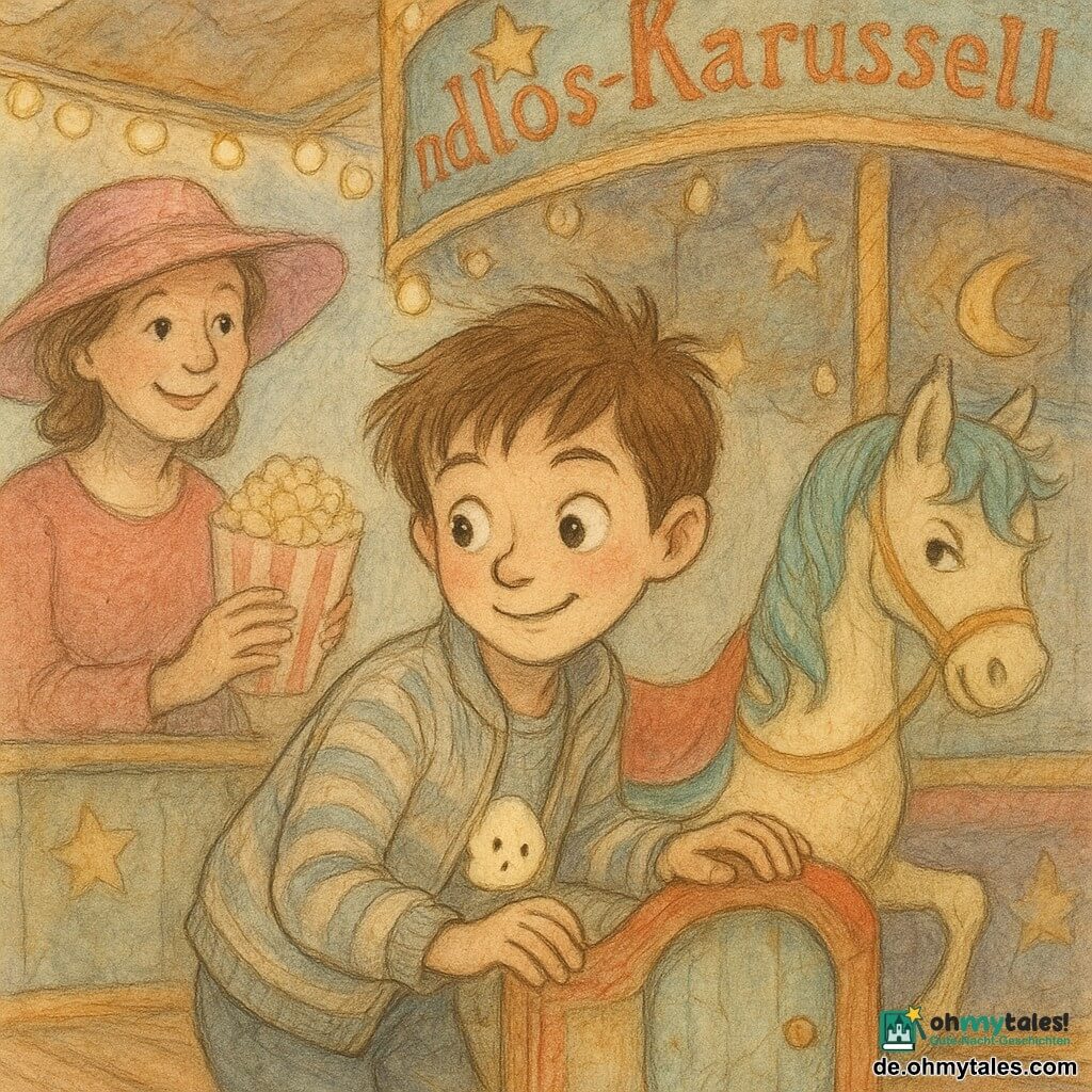 Ein 8‑jähriger Junge, Ben, mit neugierigem, amüsiertem Blick, kurzen kastanienbraunen, leicht zerzausten Haaren und schelmischem Lächeln, eine Hand an der Stallsattel eines Karussellpferds, die andere an der Brusttasche, aus der ein winziges sprechendes Popcornkorn hervorblitzt; im Hintergrund links eine etwa 40‑jährige Verkäuferin mit großem rosé‑silbern glitzerndem Hut, die lächelnd eine Popcorntüte hält, rechts das Karussellpferd Waffel (cremefarben, türkisene Mähne, rote Sattel, auf einer goldenen Stange), das schelmisch den Kopf zur kleinen Tür neigt; Ben entdeckt in der bemalten Bordüre des Karussells eine winzige versteckte Tür, ein rissiger Einsatz zeigt einen kleinen runden Knopf; Schauplatz: Jahrmarktkarussell am späten Nachmittag mit lackiertem Holzfußboden, Mond‑ und Sternmotiven, warmen Lichterketten und einem leicht abgenutzten, bunten Schild „Endlos‑Karussell“, die Stimmung ist verschroben und sanft mit gedämpftem Licht und pastelligen Farben, akzentuiert durch Rot, Türkis und Gold.