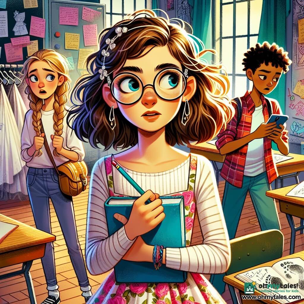 A 12-year-old girl, Maya, stands in the center of the image with messy brown hair and round glasses slipping down her nose. She has a determined and curious look, her eyes shining with excitement as she holds a notebook in one hand and a pencil in the other. To her right, Lucy, another 12-year-old girl with braided blonde hair and a floral dress, closely observes a footprint on the ground, her face marked by wonder. On the left, Jamal, a 12-year-old boy with curly hair wearing a graphic t-shirt, checks his phone with a focused expression, ready to analyze the clues. The setting is a messy classroom, with colorful posters on the walls, scattered wooden desks, and a large blackboard covered in sketches and notes. Theater costumes hang on hangers, and soft light filters through the windows, creating a mysterious atmosphere. The main situation shows Maya and her friends in the midst of an investigation to find their missing mascot, a small puppet named Buttons. They examine clues on the ground, searching for answers with determined and excited expressions on their faces.