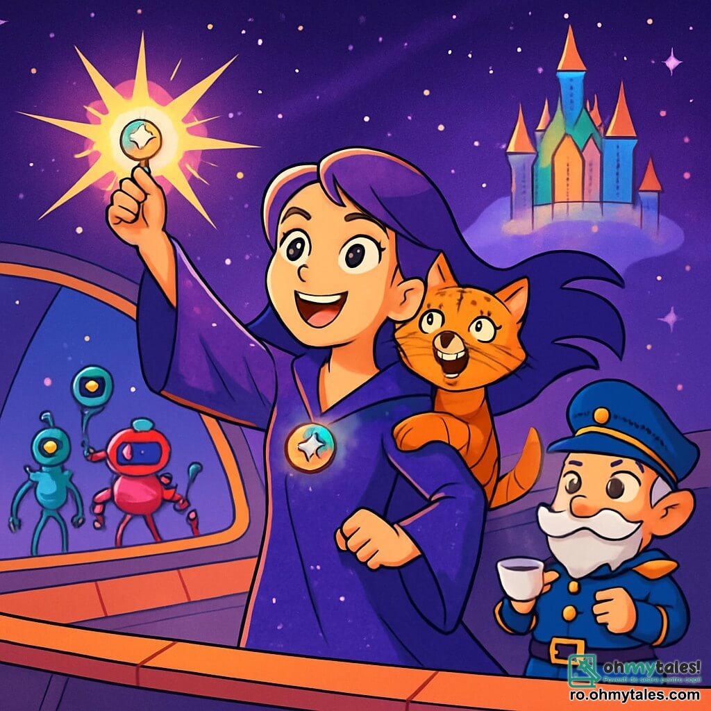 O tânără femeie, cu fața iluminată de excitație, stă pe puntea navetei spațiale Brânza Topită. Are părul lung și violet, un halat strălucitor de vrăjitoare și o amuletă colorată la gât care strălucește. Zâmbește cu hotărâre, pregătită să înfrunte necunoscutul. Lângă ea, un motan pe nume Gogu, cu ochi verzi strălucitori, stă pe umărul ei. Are blana dungi și o expresie jucăușă, ca și cum ar fi gata să spună o glumă magică. Puțin mai departe, un spiriduș mic, Lord Zgârie-Nori, cu mustăți argintii și o uniformă de general intergalactic, observă scena cu admirație, ținând o ceașcă de ceai flotantă. Decorul este un vast spațiu intergalactic, unde stelele strălucesc ca diamante pe un fundal violet profund. În fundal, un castel flotant, cu pereți din sticlă colorată, strălucește sub lumina stelelor, înconjurat de o ceață luminoasă. Principala situație o arată pe Lira ridicându-și amuleta spre cer, în timp ce un fulger de lumină magică o înconjoară, pregătindu-se să activeze scutul protector al castelului, în timp ce roboți cu forme ciudate și colorate se apropie, creând o atmosferă de aventură și mister.