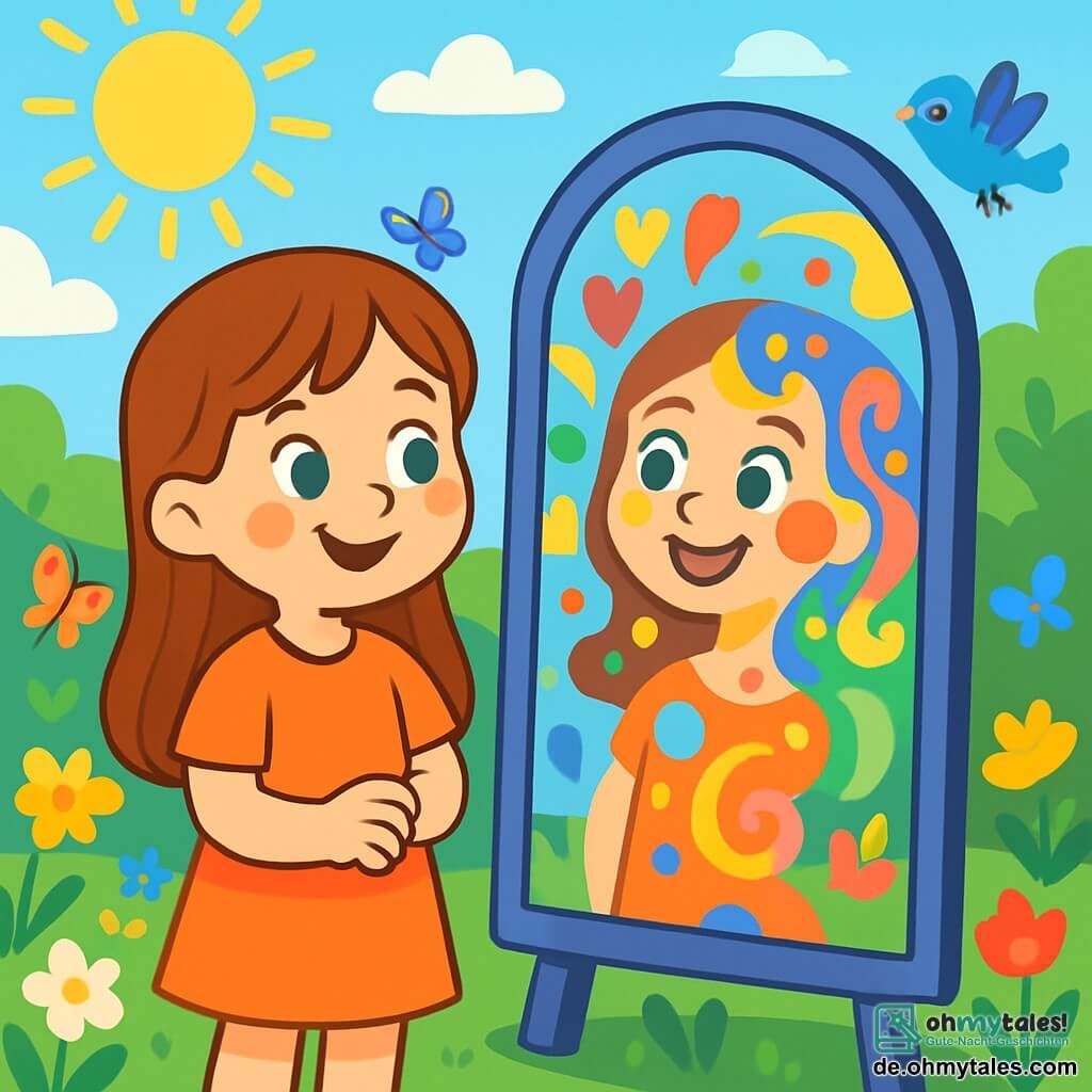 Ein kleines Mädchen, Marie, etwa 7 Jahre alt, mit langen braunen Haaren und strahlend blauen Augen, steht vor einem magischen Spiegel. Sie hat ein strahlendes Lächeln und leicht rosige Wangen, was Freude und ein wenig Schüchternheit zeigt. Neben ihr spiegelt ein Spiegel ihr Bild wider, aber auch lebendige Farben und lustige Formen, die ihre Emotionen darstellen. Im Hintergrund erstreckt sich ein üppiger Garten, gefüllt mit bunten Blumen, schwirrenden Schmetterlingen und singenden Vögeln. Die Sonne scheint am hellblauen Himmel und verleiht der Szene Wärme. Die Hauptsituation zeigt Marie, die ihr Spiegelbild entdeckt und erkennt, dass sie lernen kann, ihre Emotionen zu akzeptieren. Sie ist umgeben von der magischen Atmosphäre des Gartens, wo jedes Element sie ermutigt, ihre Gefühle mit Neugier und Staunen zu erkunden.