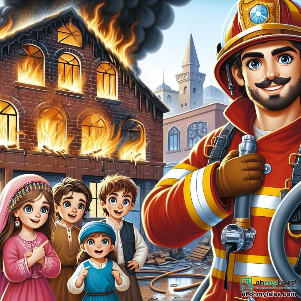 Een man, de brandweerman Lars, staat trots voor een brandende bakkerij, met een vastberaden en geconcentreerd gezicht, heldere ogen en een geruststellende glimlach. Hij draagt een felrode brandweeroutfit, een glanzende helm en houdt een grote brandslang vast, klaar om het vuur te blussen. Naast hem staat een groep van vier kinderen, twee jongens en twee meisjes, van ongeveer 8 tot 10 jaar, die met bewondering kijken. De jongen met bruin haar, in een blauwe t-shirt, wijst naar het vuur, terwijl het blonde meisje in een roze jurk Lars met verwonderde ogen aankijkt. De andere twee kinderen, een jongen met een bril en een meisje met twee staarten, staan iets op afstand, gefascineerd door de scène. De bakkerij is een traditioneel gebouw met rode bakstenen muren, gebroken ramen en zwarte rook die uit de openingen komt. Vlammen dansen binnenin en verlichten de scène met een heldere oranje gloed. De hoofdscène toont Lars die zijn team aanstuurt om het vuur te blussen, terwijl de kinderen, verwonderd, de moed van de brandweerman observeren en leren over het belang van samenwerking en moed.