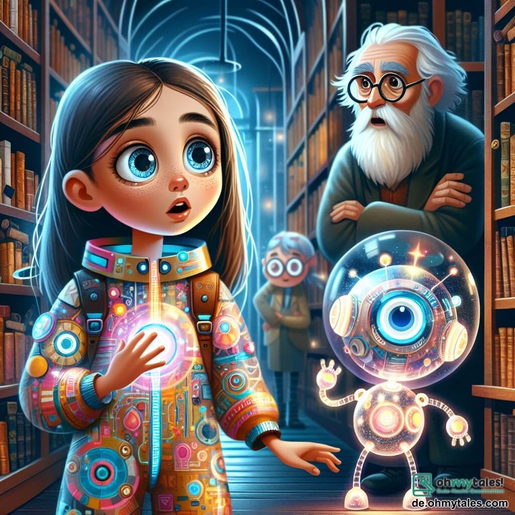 Mina, ein 11-jähriges Mädchen, steht im Zentrum des Bildes mit großen, neugierigen Augen und schwebenden kastanienbraunen Haaren. Sie trägt einen bunten futuristischen Overall mit geometrischen Mustern und schaut fasziniert auf eine geheimnisvolle Maschine, deren funkelndes Licht ihr Gesicht erhellt. Neben ihr schwebt Zipp, ein kleiner runder Roboter mit durchsichtigen Flügeln, dessen Sensoren vor Aufregung blinken, während er die Maschine analysiert. Im Hintergrund beobachtet ein alter Bibliothekar, etwa 70 Jahre alt, mit einem langen weißen Bart und runden Brillen, besorgt die Szene, die Arme verschränkt, nahe einem Regal mit alten Büchern in einer retro-futuristischen Bibliothek mit Glaswänden und sanften Lichtern, die eine magische Atmosphäre schaffen. Die Szene spielt in einer alten Bibliothek von Cosmopolis, wo massive Holzregale auf schwebende Hologramme treffen und Lichtstrahlen durch futuristische Fenster filtern, die staubige Bücher beleuchten. Mina, neugierig, steht kurz davor, die geheimnisvolle Maschine zu aktivieren, die sie in eine andere Dimension transportieren könnte, während der Bibliothekar versucht, sie davon abzuhalten, was eine spürbare Spannung in der Luft erzeugt.