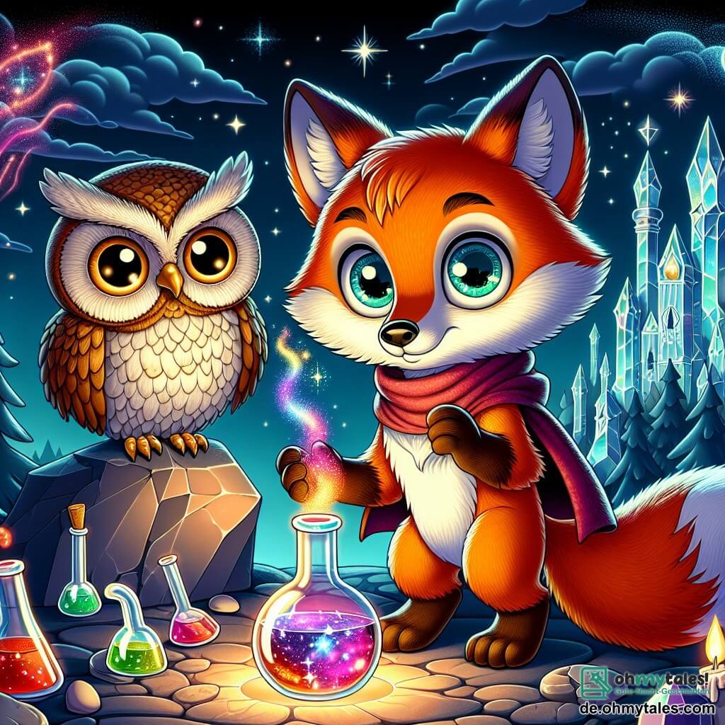 Ein schlauer Fuchs mit leuchtend rotem Fell und neugierigen Augen steht im Mittelpunkt der Szene, hält eine glänzende Flasche mit einer bunten Flüssigkeit und schaut entschlossen und enthusiastisch. Neben ihm beobachtet eine weise Eule mit braun-weißen Federn und großen runden Augen, besorgt den Fuchs und ist bereit, ihm bei seiner Suche zu helfen. Die Kulisse ist ein schimmerndes Kristallschloss, umgeben von dunklen, geheimnisvollen Wolken, mit tanzenden Sternen am Nachthimmel, die die Landschaft in magisches Licht tauchen. Die Hauptsituation zeigt den Fuchs, der einen mächtigen Zauber vorbereitet, um einen bösen Zauberer zu besiegen, während die Eule, auf einem Stein sitzend, ihm Ratschläge gibt und eine Atmosphäre von Spannung und Abenteuer schafft.