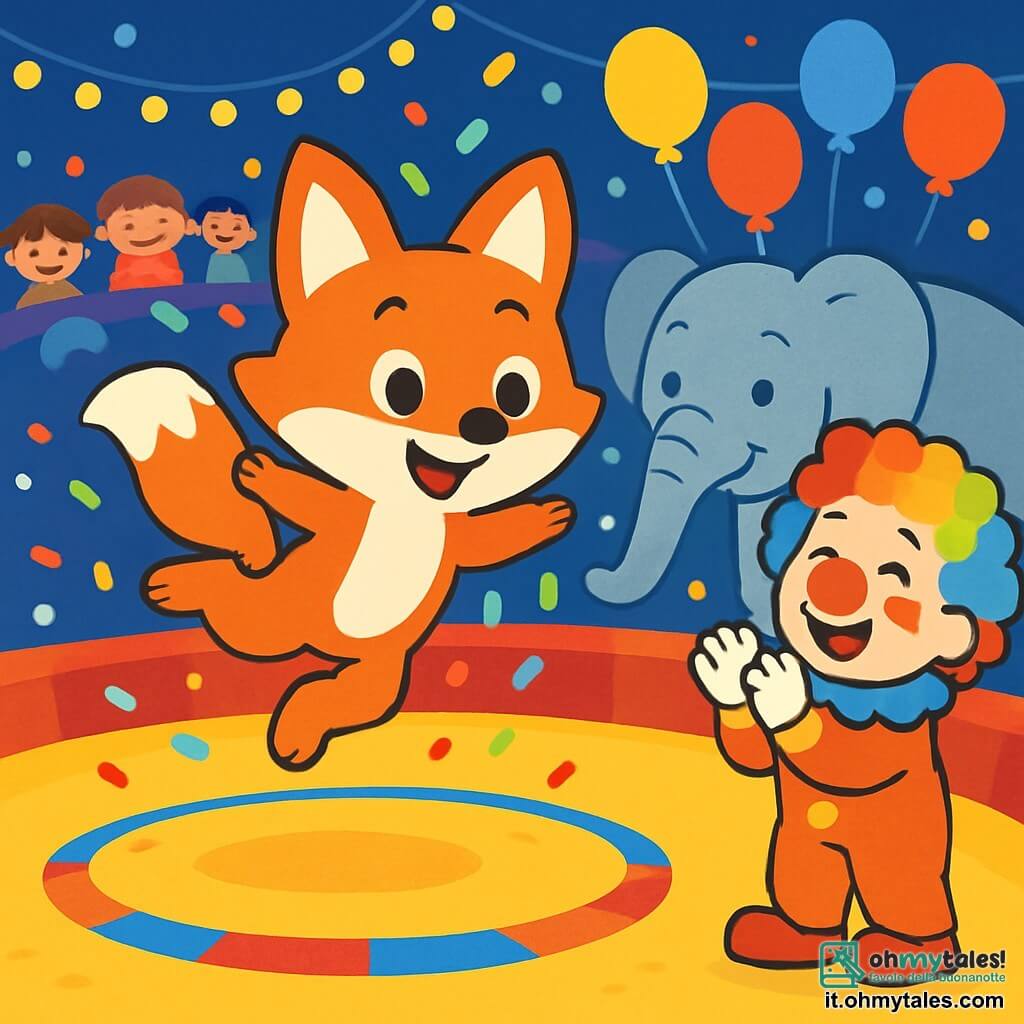 Un piccolo volpacchiotto di nome Fiocco, con un pelo arancione brillante e occhi scintillanti di gioia, esegue una spettacolare capriola al centro di una pista da circo. Sorride ampiamente, con le orecchie dritte, mentre è circondato da coriandoli colorati che cadono dal cielo. Accanto a lui, un clown gioioso di nome Bibo, con un grande naso rosso e capelli ricci multicolori, applaude entusiasta, il suo volto che irradia orgoglio. Un maestoso elefante, con la pelle grigia e una grande proboscide, si trova sullo sfondo, guardando Fiocco con ammirazione, gli occhi brillanti di felicità. Il luogo è una pista da circo illuminata da luci scintillanti, con gradinate piene di bambini meravigliati e palloncini colorati che fluttuano nell'aria. La scena principale mostra Fiocco in volo, mentre realizza un'incredibile acrobazia, mentre il pubblico applaude e ride, creando un'atmosfera festosa e magica.