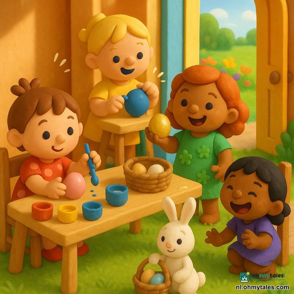 Er zijn 5 personages: Noor (meisje, 2 jaar): rond figuurtje met kort bruin haar, rood gestipte jurk, links aan tafel zittend, houdt een blauwe penseel en schildert een roze ei; Mia (meisje, 2 jaar): blond paardenstaartje, gele jurk, staat achter de tafel en tikt op een blauw potje; Lotte (meisje, 2 jaar): roodharig, groene bloemenjurk, rechts van de tafel, toont trots een glanzend gouden ei; Saar (meisje, 2 jaar): kort zwart haar, paarse jurk, gehurkt bij een stoel met een verfvlek op de neus, lachend; het witte konijntje: wit boetseerkonijn met lange oren en pastelkleurige lintjes, houdt een klein rieten mandje en staat in het gras bij de tuindeur. Hoofdlocatie: zonnige keuken-tuin in close-up met lichte houten tafel centraal, felle verfpotjes (rood, geel, blauw), kleine kopjes, rieten eiermand, houten stoel, open raam naar groen gazon en bloembedden, warme ochtendlicht en zachte schaduwen. Situatie: de vier meisjes schilderen eieren aan tafel terwijl het witte konijntje met het lintmandje eieren uit de tuin brengt; eenvoudige actie: bewegende penselen, verfspatten en gelach, het gouden ei glinstert in de zon.