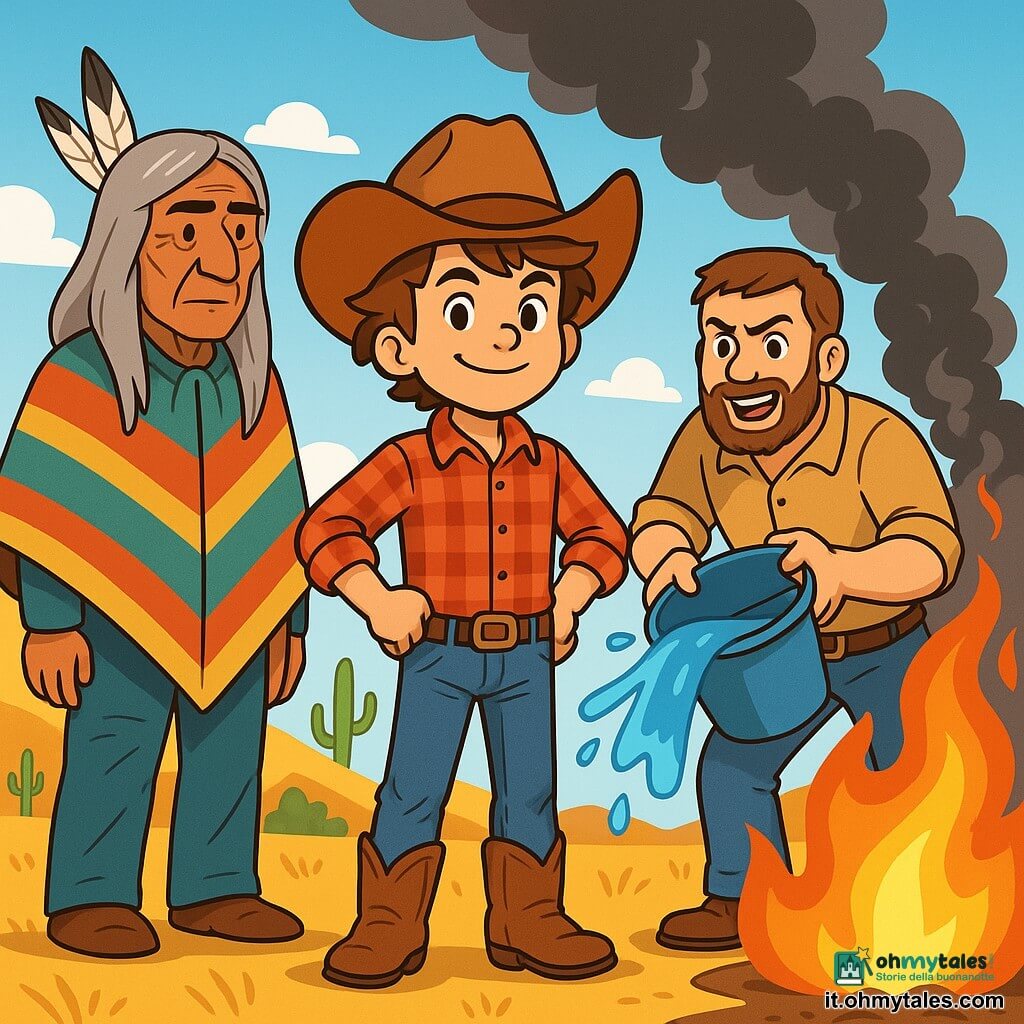Un giovane cowboy, Jack, un ragazzo di 12 anni, si trova coraggiosamente al centro dell'immagine. Ha capelli castani spettinati, un grande cappello da cowboy e un sorriso determinato sul volto. Indossa una camicia a quadri rossa e jeans consumati, con stivali di cuoio. Alla sua destra, suo padre, un uomo robusto di circa 40 anni, con barba bruna e occhi pieni di orgoglio, brandisce un secchio d'acqua per spegnere le fiamme. A sinistra, il saggio capo indiano, Grande Aquila, un uomo anziano con capelli lunghi e grigi, indossa un poncho colorato e osserva la scena con uno sguardo serio, pronto ad aiutare. Lo sfondo è una vasta prateria del Texas, con colline dorate, cactus sparsi e un cielo blu brillante. In lontananza, colonne di fumo nero si alzano, testimoniando l'incendio che minaccia la terra. La scena principale mostra Jack e suo padre che combattono coraggiosamente le fiamme, mentre Grande Aquila si prepara ad offrire il suo aiuto, illustrando l'unità e il coraggio di fronte all'avversità.