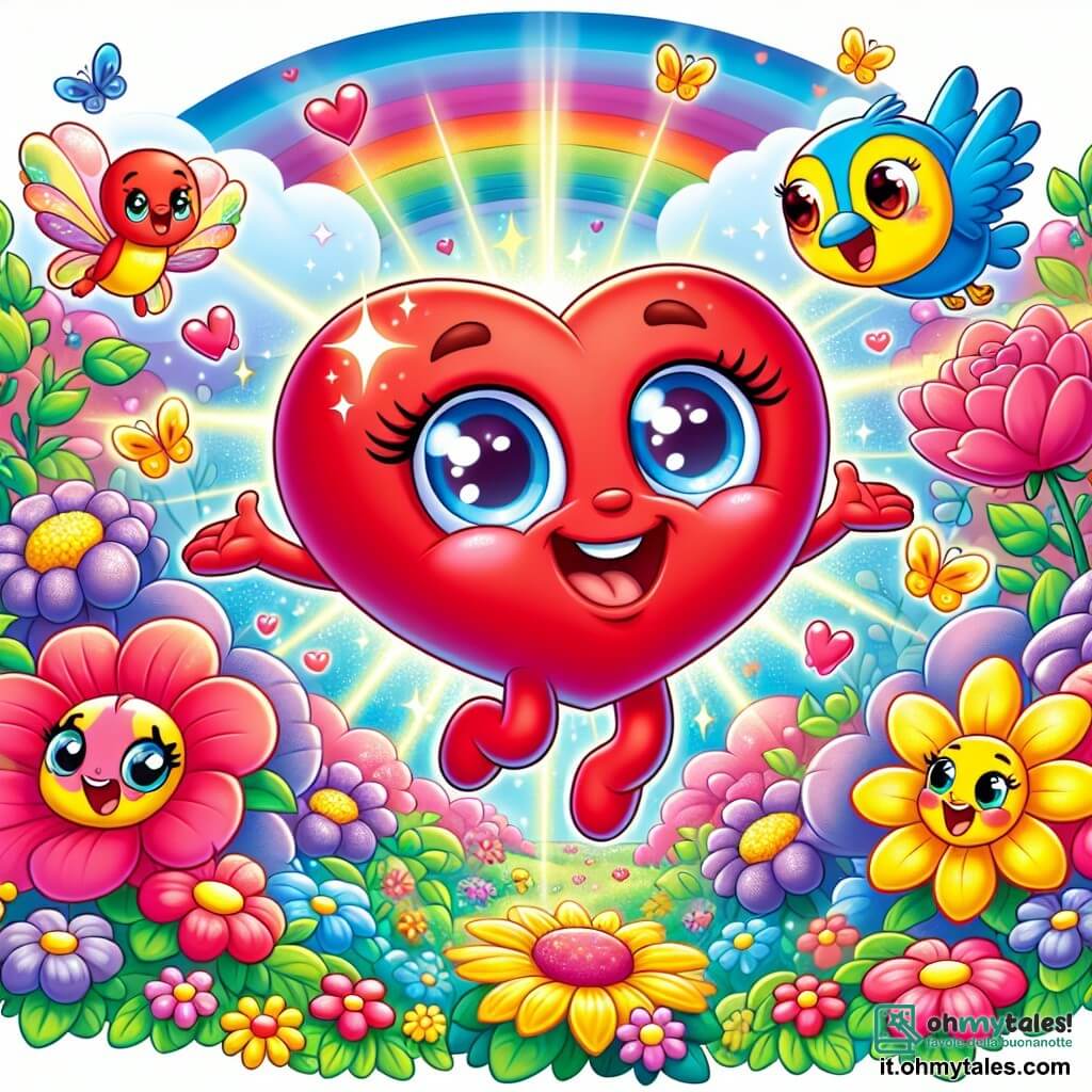 Cuoricino, un cuore di peluche rosso con grandi occhi brillanti e un sorriso gioioso, salta di gioia in un giardino colorato, circondato da fiori vivaci e farfalle danzanti. Piuma, un uccellino con piume gialle e blu, vola felicemente attorno a Cuoricino, mentre Rosa, una rosa parlante con petali rosa e occhi scintillanti, sta accanto a lui, sorridendo e ammirando i fiori. Il giardino è pieno di fiori di tutti i colori, con raggi di sole che illuminano il paesaggio, creando un'atmosfera magica e gioiosa. In questa scena, Cuoricino e i suoi amici scoprono una corona di fiori scintillante, simbolo d'amore e amicizia, celebrando insieme la festa di San Valentino.