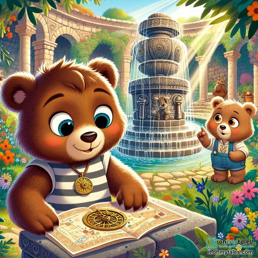 Un giovane orso bruno, Orso Bruno, con un pelo morbido e occhi scintillanti di curiosità, si trova davanti a una grande fontana antica, con un'espressione di eccitazione sul viso. Tiene una mappa del tesoro tra le zampe, guardando con meraviglia il meccanismo segreto appena scoperto. Accanto a lui, il suo migliore amico, Orsetto Ciccio, un orso paffuto e sorridente, osserva la scena con un'espressione di stupore, indicando la piccola levata nascosta tra i cespugli. Il luogo è una fontana di pietra circondata da fiori colorati e vegetazione lussureggiante, con motivi antichi incisi sulla superficie e raggi di sole che filtrano tra gli alberi. La scena principale mostra Orso Bruno e Orsetto Ciccio che scoprono un passaggio segreto sotto la fontana, pronti a avventurarsi in un mondo misterioso alla ricerca di un tesoro di Pasqua.