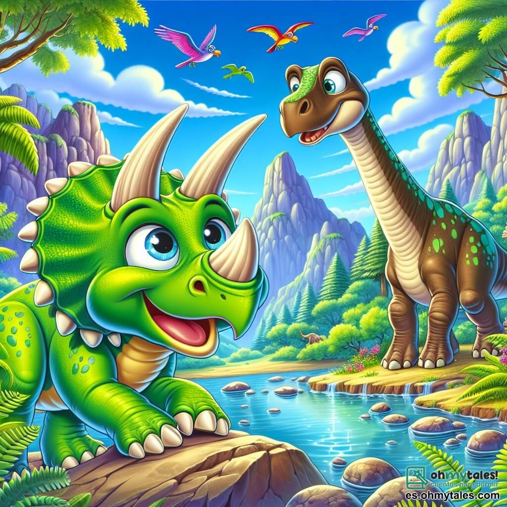 Un triceratops alegre, con una piel verde brillante y grandes cuernos afilados, se encuentra en el centro de la escena, mostrando una sonrisa curiosa y ojos brillantes de emoción. A su derecha, un joven braquiosaurio, alto y esbelto, con una piel marrón salpicada de manchas verdes, mira a su alrededor con una expresión de preocupación, buscando a su familia. El escenario es un magnífico valle de las Montañas Rocosas, lleno de grandes árboles frondosos, helechos gigantes y rocas de formas extrañas, bajo un cielo azul claro salpicado de nubes blancas y esponjosas. La escena principal muestra a Trico y Rolo encontrándose junto a un arroyo brillante, donde el agua clara fluye suavemente, mientras aves coloridas vuelan sobre ellos, creando una atmósfera de aventura y camaradería.