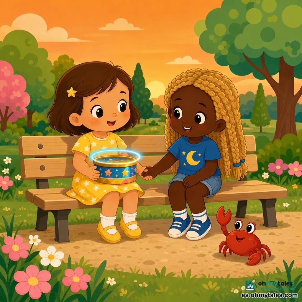 Hay 3 personajes: niña de 3 años, Luz, pelo corto castaño, vestido amarillo con estrellas, sostiene una caja redonda y colorida sobre sus rodillas, sentada a la izquierda del banco mirando la caja con curiosidad; niña de 3 años, Mara, pelo rubio largo trenzado, camiseta azul con una luna, sostiene la mano de Luz, sentada a la derecha del banco y sonriendo a Luz; cangrejo amigo, pequeño cangrejo rojo con una pata levantada como saludando, sobre la hierba junto al banco frente a las niñas. Lugar: parque al atardecer con césped verde cortado, flores rosas y blancas sencillas, banco de madera clara, camino de grava beige, árboles de hojas redondeadas en tonos pastel y cielo anaranjado suave en el horizonte. Situación principal: las niñas sentadas lado a lado en el banco con la caja redonda de botones coloridos entre ellas que emite un suave halo azul dorado, ambiente tranquilo y mágico, expresiones cálidas y de asombro, composición clara, colores vivos, contornos definidos y formas simples aptas para niños pequeños.