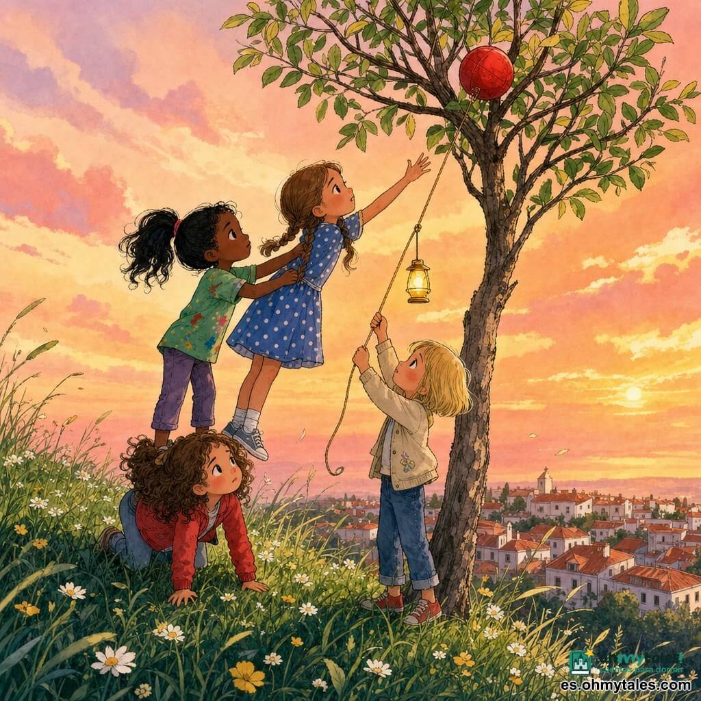 Cuatro niñas de 6 años: Lía, pelo castaño rizado con chaqueta roja y una mini-linterna amarilla, abajo de la mini-pirámide; Maya, pelo negro en coleta alta y camiseta verde manchada de pintura, de pie sobre Lía estirando el brazo; Noor, pelo castaño claro en dos trenzas y vestido azul de lunares, de puntillas alcanzando la cuerda; Sara, pelo rubio corto y chaqueta beige, junto al grupo sujetando la cuerda atada a la linterna; en una colina baja con pequeñas flores blancas y amarillas, hierba verde al viento, techos rojos al fondo y cielo naranja-rosa del atardecer; las niñas forman una torre de manos para recuperar un globo rojo atrapado en la rama de un árbol, la cuerda rodea la rama y el globo desciende lentamente, expresiones de concentración y ayuda mutua, estilo tinta coloreada con contornos finos y colores planos vivos, iluminación cálida del ocaso.