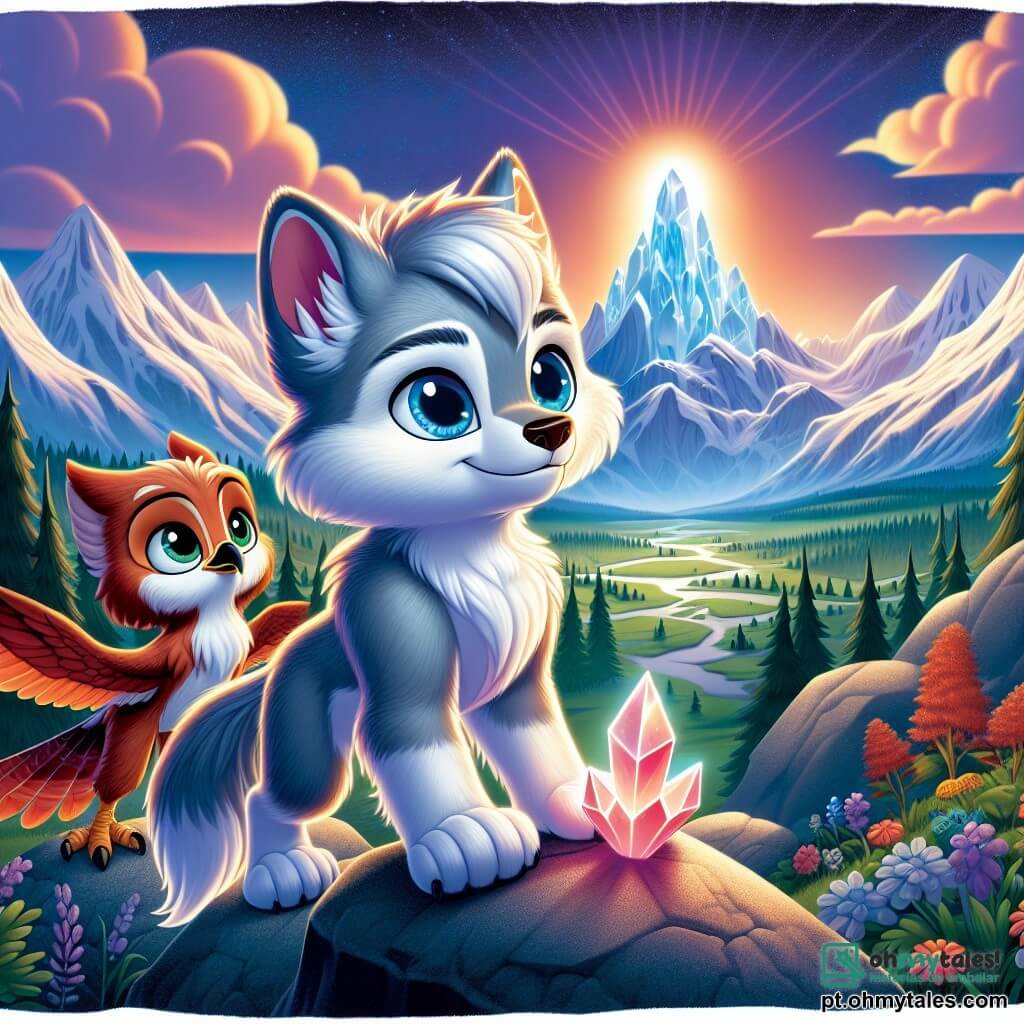 Luar, um jovem lobo de olhos azuis profundos e pelagem prateada, está corajosamente no topo das Montanhas do Crepúsculo, olhando com determinação para o Grande Cristal brilhante à sua frente. Ele sente uma onda de excitação misturada a um leve tremor de apreensão. Ao seu lado, Faísca, uma ave astuta com plumagem vermelha brilhante e olhos travessos, observa a paisagem com um sorriso confiante, pronta para encorajar seu amigo. O cenário é majestoso: montanhas com picos nevados sob um céu crepuscular, onde nuances de roxo e laranja se misturam. Nuvens fofas flutuam suavemente, enquanto embaixo, um vale verdejante se estende, repleto de flores coloridas e rios cintilantes. A cena principal mostra Luar tocando o Grande Cristal, uma gema cintilante que irradia uma luz acolhedora, simbolizando esperança e equilíbrio. Os raios de luz iluminam seus rostos, criando uma atmosfera mágica e cheia de promessas.