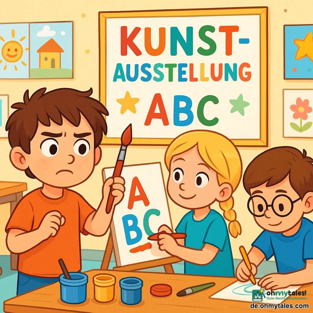 Ein 6-jähriger Junge, Luca, mit zerzausten braunen Haaren und neugierigen Augen, steht entschlossen und etwas besorgt in der Mitte der Szene und hält einen roten Pinsel in seiner kleinen Hand. Neben ihm beobachtet ein 6-jähriges Mädchen, Mia, mit geflochtenen blonden Haaren und einem freundlichen Lächeln, aufmerksam ein großes buntes Plakat, auf dem sie Buchstaben mit einem Pinsel malt. Ein weiterer 6-jähriger Junge, Ben, mit braunen Haaren und einer Brille, beugt sich über eine Ecke des Tisches und zeichnet Formen mit einem Bleistift. Der Ort ist ein heller Kunstsaal der Schule, mit Wänden, die mit Kinderzeichnungen dekoriert sind, Holztischen, die mit leuchtenden Farbtöpfen und verstreuten Pinseln bedeckt sind. Im Hintergrund kündigt ein großes farbenfrohes Plakat eine Kunstausstellung an, umgeben von kleinen Papiersternen und glitzernden Pailletten. Die Hauptsituation zeigt Luca, der etwas ängstlich seinen verschwundenen roten Pinsel sucht, während Mia und Ben ihm helfen, das Rätsel zu lösen, umgeben von lebhaften Farben und einer kreativen Atmosphäre.