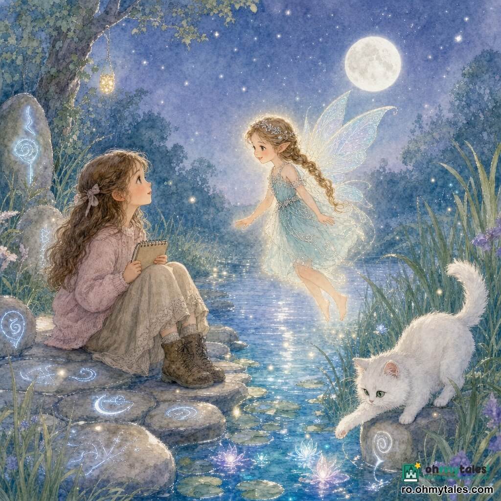 O zână mică numită Aira, binevoitoare, plutește deasupra apei cu aripi translucide irizate și o rochiță aqua cu broderii argintii, părul șaten deschis împletit și o aureolă aurie; Mara, o fetiță de circa 8 ani, stă pe o piatră și scrie într-un carnet, purtând pulover roz pal, fustă bej și cizme murdare, cu păr brun ondulat; Luna, pisica albă, joacă în frunze lângă ele, blăniță pufoasă și ochi verzi; malul e un potec de pietre netede cu rune luminoase, iarbă înaltă și nuferi, iar pârâul sclipeste ca niște stele albastre și argintii sub luna plină într-o noapte liniștită cu ceață argintie — zâna iese din apă pentru a vorbi cu fetița.
