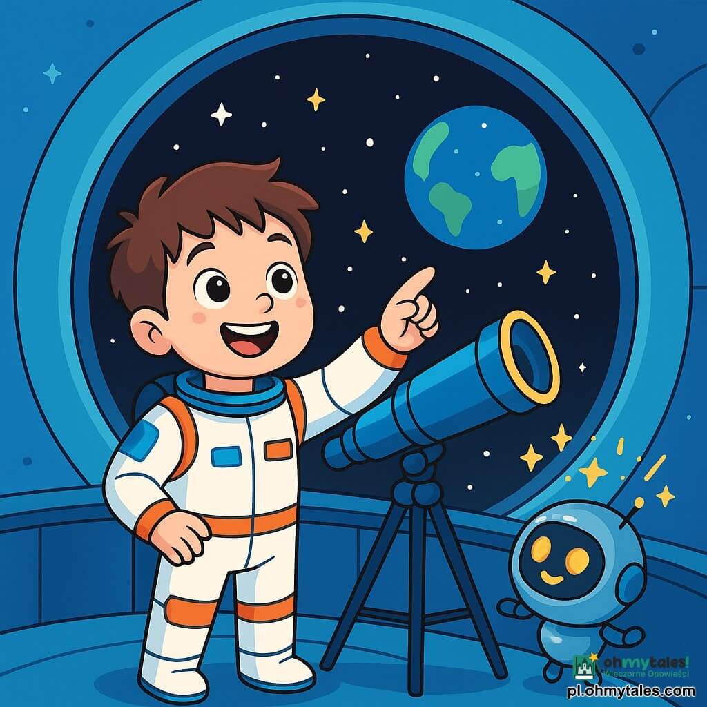 Młody astronauta, Marek, chłopiec w wieku około 10 lat, stoi przed dużym teleskopem na balkonie swojej stacji kosmicznej. Ma potargane brązowe włosy, błyszczące oczy pełne ciekawości i nosi białe skafander kosmiczny ozdobiony jaskrawymi kolorami. Jego twarz wyraża zachwyt i ekscytację, z szerokim uśmiechem rozświetlającym jego oblicze. Obok niego stoi mały robot o imieniu Błysk, przypominający metalową kulę z świecącymi oczami, radośnie mrugający i wyświetlający gwiazdy na ścianie. Marek z entuzjazmem rozmawia z nim, wskazując na gwiaździste niebo. Scena rozgrywa się w futurystycznej stacji kosmicznej z dużymi okrągłymi oknami, oferującymi spektakularny widok na przestrzeń. Na zewnątrz jasne gwiazdy migoczą na głębokim czarnym tle, a Ziemia ukazuje się jako piękna niebiesko-zielona kula. Marek dostosowuje teleskop, gotowy do obserwacji konstelacji. Jest skoncentrowany i zdeterminowany, podczas gdy Błysk go wspiera migającymi światłami. Atmosfera jest wypełniona magią i przygodą, gdy przygotowują się do odkrywania tajemnic nocnego nieba.