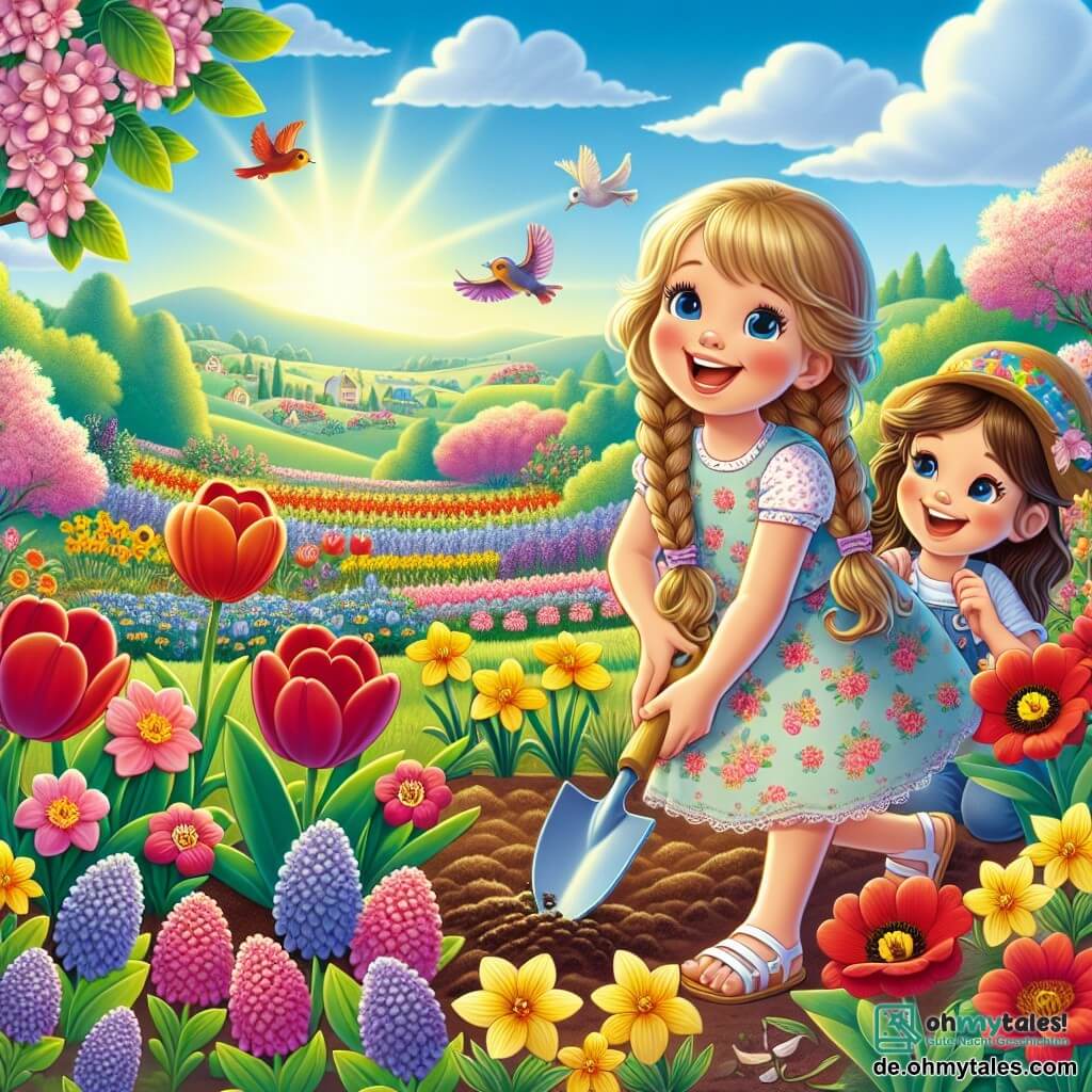 Ein 8-jähriges Mädchen, Mia, mit langen, geflochtenen blonden Haaren, einem strahlenden Lächeln und rosigen Wangen, pflanzt bunte Blumen in einem sonnigen Garten. Sie trägt ein leichtes Blumenkleid und Sandalen, und ihr Blick strahlt ansteckende Freude aus. Neben ihr steht ihre beste Freundin Lisa, ebenfalls 8 Jahre alt, mit braunen Haaren im Pferdeschwanz und einer bunten Mütze, die mit einem großen Lächeln eine kleine Schaufel hält und sie anfeuert. Der Garten ist voller leuchtender Blumen: rote Tulpen, gelbe Narzissen und violette Hyazinthen, unter einem hellblauen Himmel mit einigen weißen, flauschigen Wolken. Im Hintergrund sind blühende Bäume und fröhlich zwitschernde Vögel zu sehen. Die Hauptsituation zeigt Mia und Lisa, konzentriert und glücklich, während sie den Garten für den Frühling vorbereiten, umgeben von der Schönheit der erwachenden Natur.