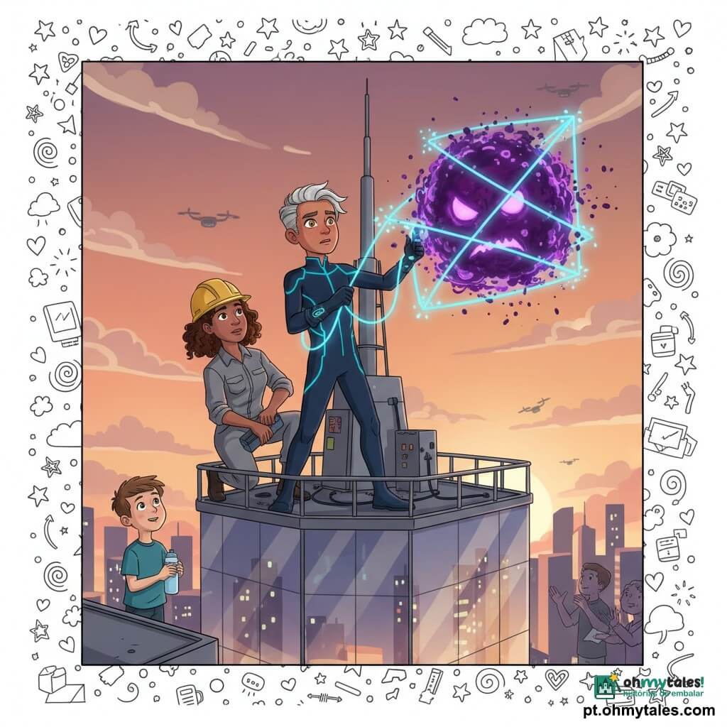 Um adolescente chamado Kael, determinado e levemente ofegante, com mecha prateada e olhos âmbar, veste uma combinação azul‑marinho com linhas ciano e luvas de borracha; no topo de uma torre moderna de vidro e metal ao pôr do sol ele ativa um grande prisma de energia com fios azuis que saem de seu bracelete para cercar um núcleo violeta, enquanto uma técnica de cerca de 35 anos, com capacete amarelo e macacão cinza, segura uma caixa de ferramentas e instala grampos magnéticos perto da base da antena a poucos metros atrás dele; um garoto de cerca de 7 anos, maravilhado, está numa plataforma inferior olhando Kael; acima da antena uma criatura sombria e violeta, sem rosto definido, forma uma esfera turbulenta de fumaça e pixels violeta, com bordas luminosas, perturbada pela luz que a atravessa; a cena mostra Kael trançando fios luminosos em forma de prisma para dispersar a esfera, luz azul cruzando raios violeta, tensão dramática mas atmosfera de esperança, com silhuetas de cidadãos aplaudindo lá embaixo e o céu alaranjado a roxo refletido na cidade.
