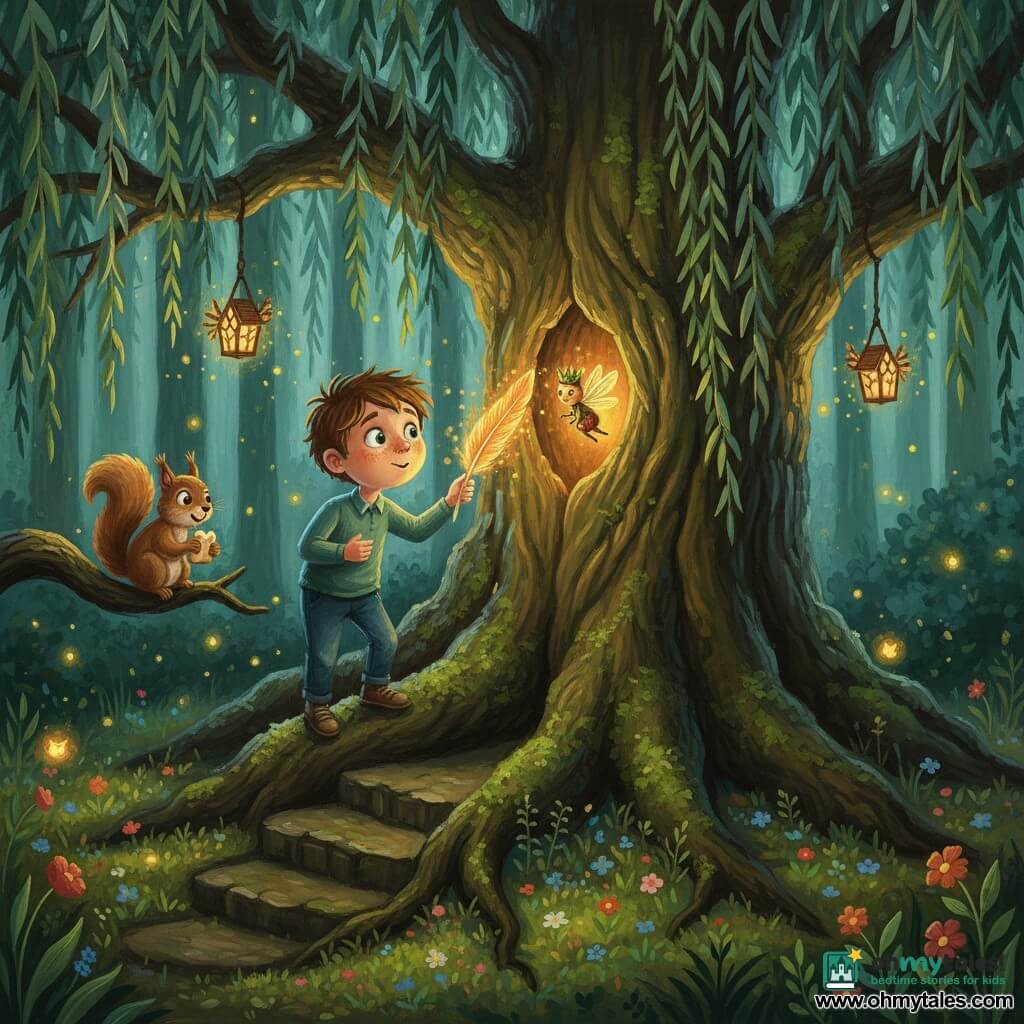 An 8-year-old boy with a round freckled face, tousled chestnut hair and bright curious eyes stands on a large root, leaning forward as if speaking to an ancient willow; he holds a glowing feather in his right hand that lights their faces. A small brown squirrel with hazel eyes and a fluffy plume-like tail sits on a low branch to his left, holding a crumb and looking mischievously at him. A tiny anthropomorphic firefly king with translucent wings and a moss crown hovers near the feather, casting a warm yellow-orange glow. The millennia-old willow has a wide gnarled trunk covered in green moss and hollowed nooks, its long silvered branches hanging like curtains with small lantern-birds suspended. The scene is a mossy woodland clearing with green leaf carpets, colorful flowers, prominent root steps, scattered firefly lights and dark deep groves beyond. Main situation: the boy offers the glowing feather to the heart of the willow, creating a magical warm atmosphere in saturated emerald greens, warm browns and golden yellows, painted in visible acrylic texture with thick brushstrokes.