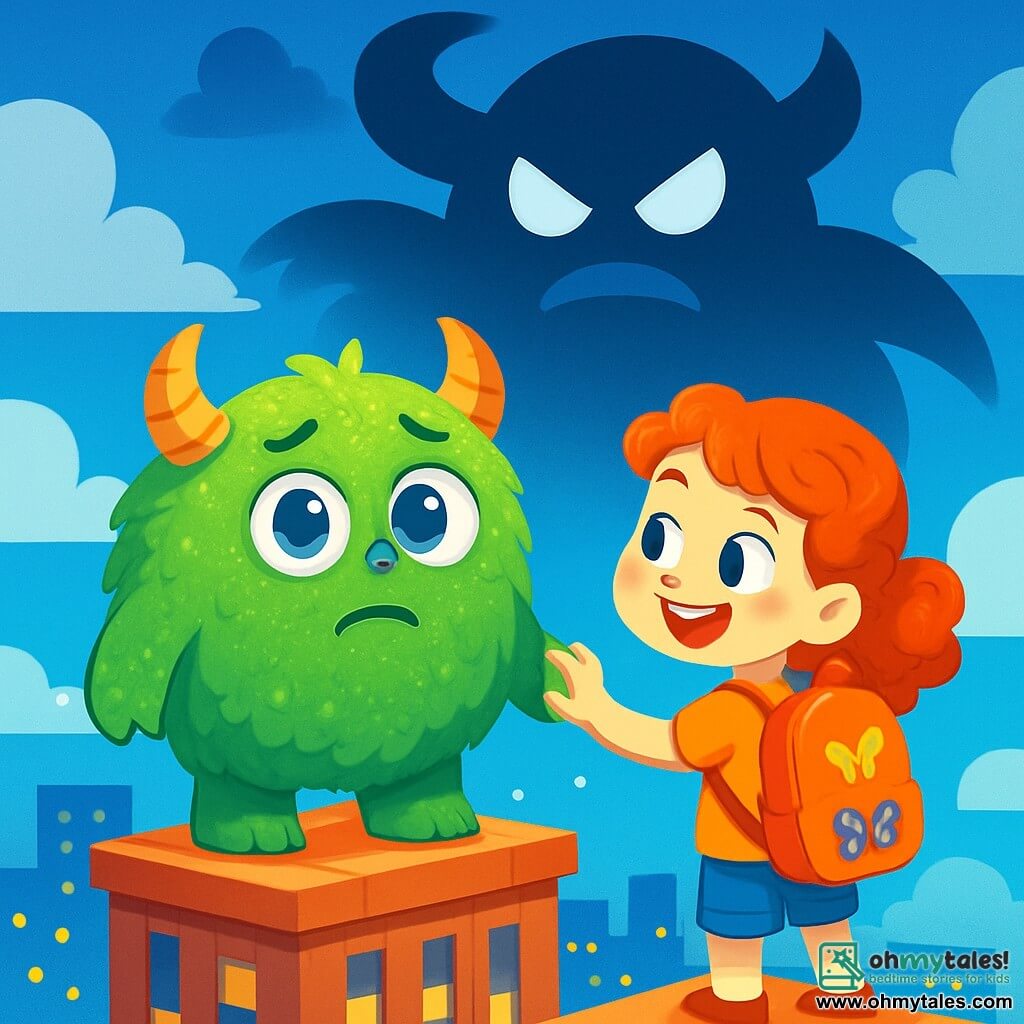 A round, soft monster named Momo, with shimmering green fur, big sparkling blue eyes, and a warm smile, stands on top of a tall building, looking with curiosity and a bit of worry. Next to him is an 8-year-old girl named Lily, with curly red hair and a backpack decorated with butterfly stickers, joyfully reaching out to Momo. The scene is set on a skyscraper summit, surrounded by fluffy clouds and a bright blue sky, with city lights twinkling below. The main focus shows Momo and Lily, united and determined, ready to face the mysterious shadow looming above them, symbolizing their courage and friendship.