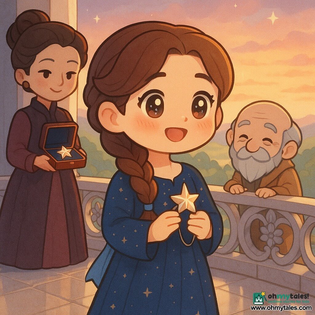 Princess Elowen (girl, ~16) center, relieved proud expression, bright eyes, rosy cheeks, chestnut braided hair with a pale blue ribbon, wearing a navy-blue star-embroidered dress and a small Starflower brooch with a thin silver line visible, holding the brooch between her fingers and looking toward the horizon; Master Quill (man, ~70) right, small stooped figure, pointed gray beard, parchment robe, kindly smile, leaning on the balcony balustrade behind her; Lady Maris (woman, ~45) left background, elegant sober attire, hair up, holding an open velvet box showing the repaired brooch and looking at the princess with pride; setting: Moonstone Palace balcony with polished marble and carved flower-and-star balustrade, slate roofs and bright valleys below, pink-and-gold dawn sky with a few pale stars; scene: the princess has just confessed and repaired the brooch, watching the sunrise, warm light on faces, calm hopeful mood; graphic style: chibi kawaii, saturated soft colors, rounded expressive lines, smooth textures, centered child-friendly composition.