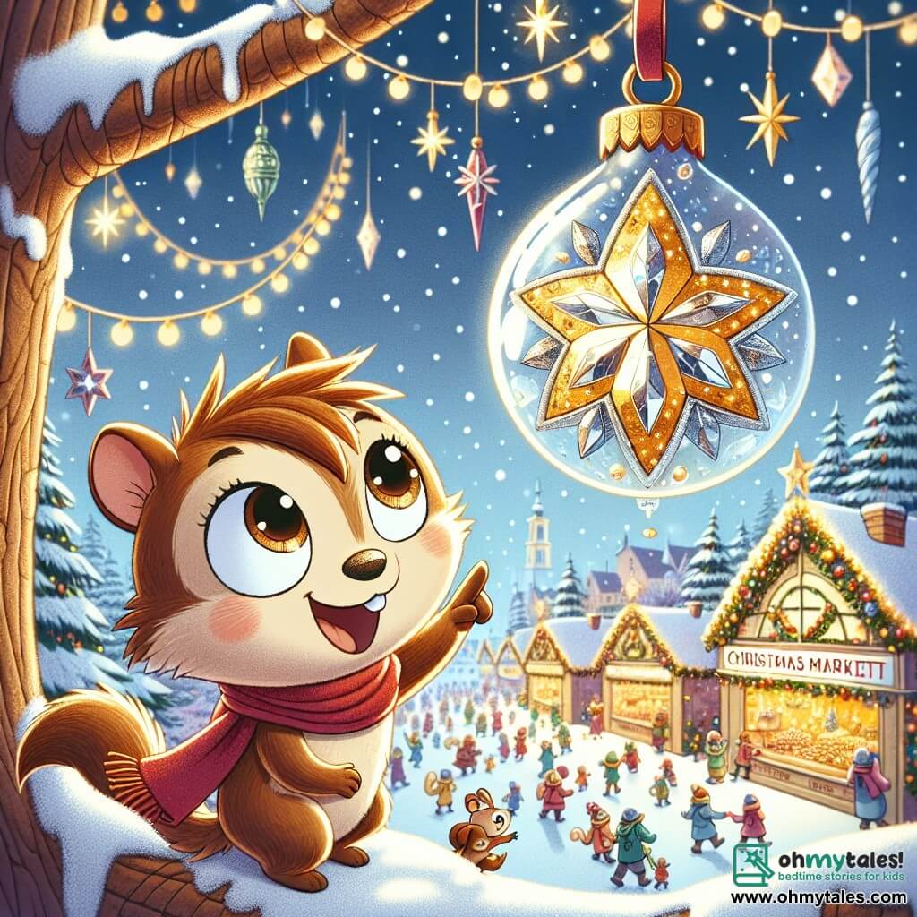 Twinkle, a small glass star ornament, sparkles with golden and silver patterns, hanging from a branch of a Christmas tree. It has twinkling eyes and a joyful smile, expressing great excitement as it looks down at the Christmas market. Nutty, a small brown squirrel with a bright red scarf, stands next to Twinkle, wide-eyed with surprise and happiness. He raises a paw to point at the magical village while hopping on the snow. The scene is a lively Christmas market filled with colorful stalls decorated with lights, gently falling snowflakes, and joyful families strolling, with twinkling lights illuminating the setting. The main focus shows Twinkle and Nutty observing the magical village below, filled with wonder and joy as they prepare for an unforgettable adventure together.