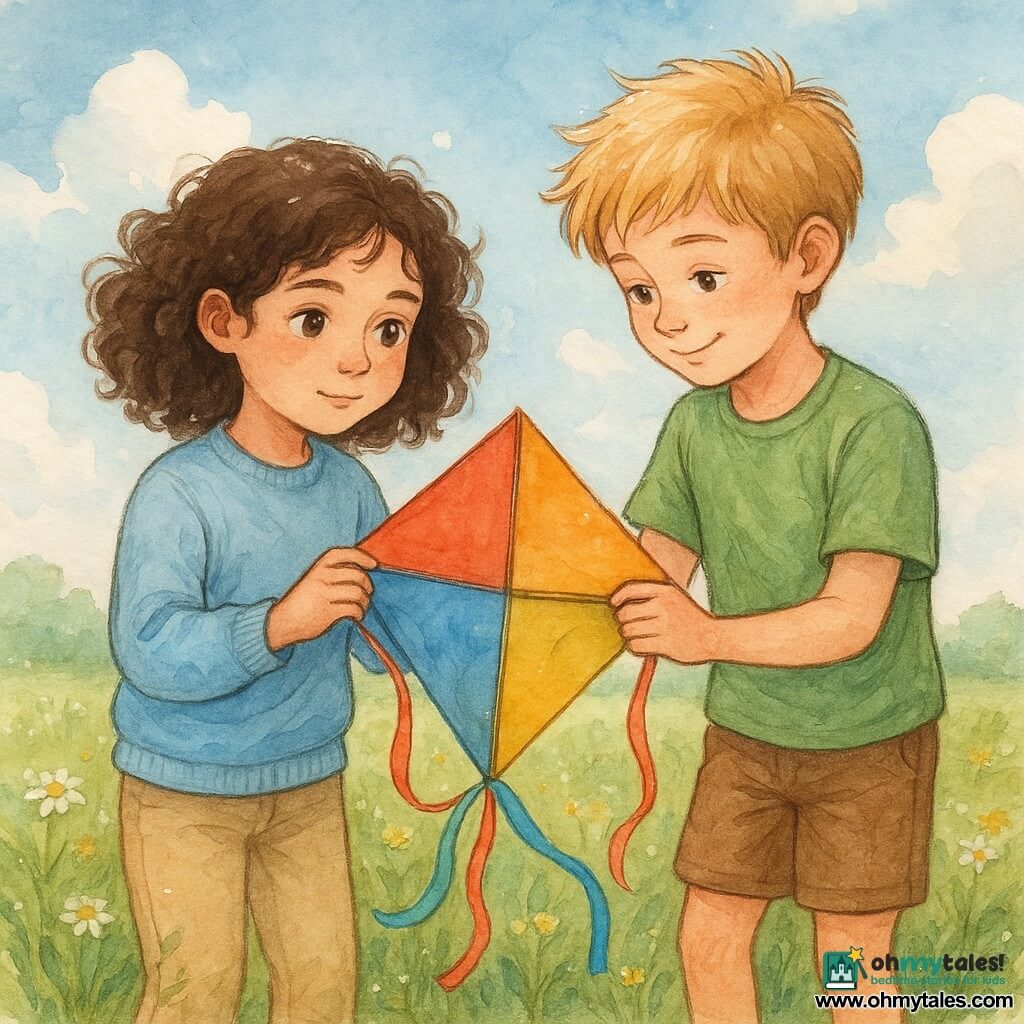 A 10-year-old girl, Nora, with curly brown hair and eyes sparkling with curiosity, holds a colorful kite with a gentle look of determination. She wears a sky-blue sweater and beige pants, her cheeks slightly rosy from the fresh wind. Next to her, a 10-year-old boy, Jamie, with tousled blond hair and a shy smile, helps hold the kite. He wears a green t-shirt and brown shorts, leaning slightly towards Nora, focused on the kite. They are in a green field dotted with wildflowers, under a vast blue sky with fluffy white clouds. The main scene shows Nora and Jamie repairing the kite together with pieces of colorful tape, symbolizing friendship and collaboration.