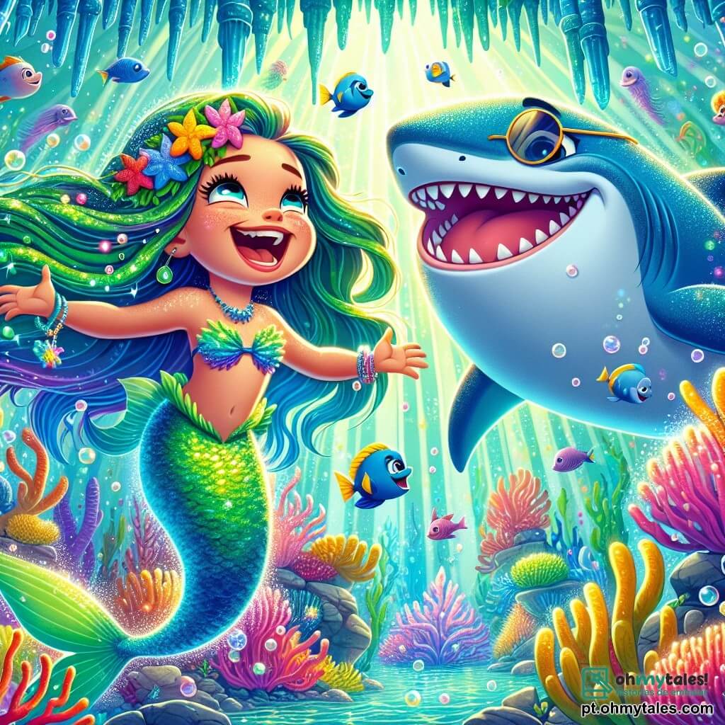 Uma sereia chamada Lúcia, com longos cabelos brilhantes como algas verdes e uma cauda azul profundo, nada alegremente em um jardim subaquático colorido, cercada por peixes dançantes. Seu rosto irradia felicidade e admiração enquanto ri, com os braços abertos como se quisesse abraçar o mundo. Ao lado dela, um grande tubarão chamado Tico, com óculos de sol e um colar de flores, sorri amigavelmente, suas nadadeiras ondulando suavemente na água. Ele está mostrando a Lúcia um jardim de algas vibrantes, onde as cores brilhantes se misturam à luz do sol filtrando pela água. O cenário é uma caverna de cristal subaquática, onde luzes cintilantes se refletem nas paredes, criando um espetáculo mágico de cores. Algus dançam ao ritmo das correntes, e bolhas flutuam ao redor, adicionando um toque de magia à cena. A situação principal mostra Lúcia e Tico em plena festa, cercados por criaturas marinhas alegres, rindo e dançando juntos, celebrando sua amizade neste mundo maravilhoso e encantador.