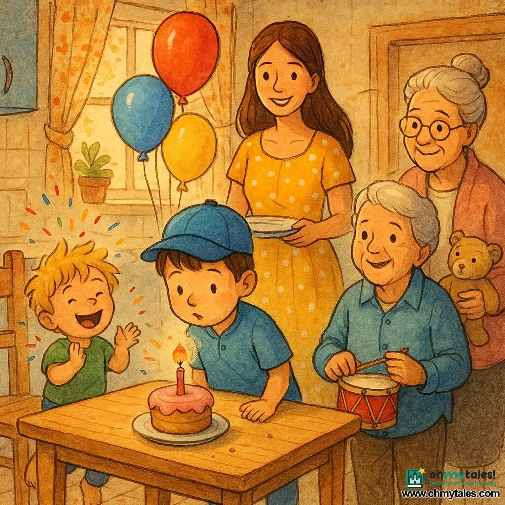 Five people in a warm, bright kitchen: Bobby, about 6, short brown hair wearing a blue cap, stands center by a light wooden table blowing out the candle on a small cake with pink icing and a tiny flickering orange flame; Max, about 4, tousled blond hair in a green T‑shirt, to Bobby’s left, clapping and jumping; Mom, about 30, long chestnut hair in a yellow polka‑dot dress, smiling behind the table holding a plate; Nana, about 65, gray hair in a bun wearing a pink cardigan by the door holding a small beige teddy bear; Grandpa, about 67, gray hair and round glasses in a blue shirt next to Nana holding a small red drum; colorful balloons tied to chair backs, floral curtain with a golden sunbeam, light tiled floor with a few cake crumbs, confetti pieces, joyful atmosphere with vivid colors and soft ink outlines.