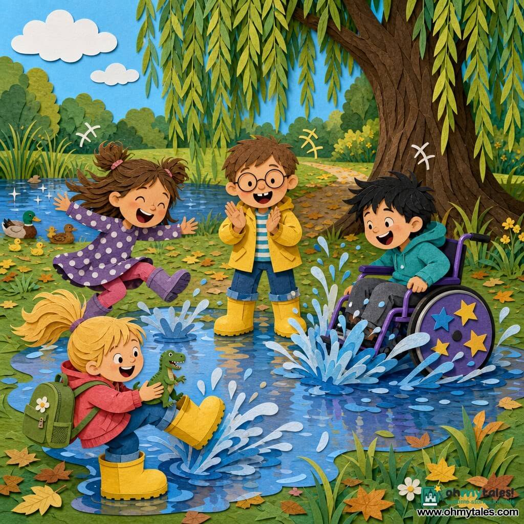 Four children splash in a large shiny puddle under a drooping willow in a bright park: Max, 7, short brown hair, round glasses, toothy grin with a gap, bright yellow boots, center clapping and cheering; Sami, 8, messy black hair, in a purple wheelchair with wide star-decorated wheels, at right charging into the puddle and spraying water; Lila, 6, brown hair in two messy buns, polka-dot dress, at left mid-jump with legs tucked; Zoe, 6, blonde ponytail, green backpack, foreground wearing Max’s oversized yellow boots and splashing with a foot while holding a small plastic dinosaur named Mr. Roary. In the background a sparkling pond with curious ducks, a leaf-crunching path and tall grass; scene rendered in vivid colors with paper-cut textures, soft shadows, glued edges, frozen droplet splashes and visible laughter as small graphic waves, composition focused on the collective splash and joyful energy.