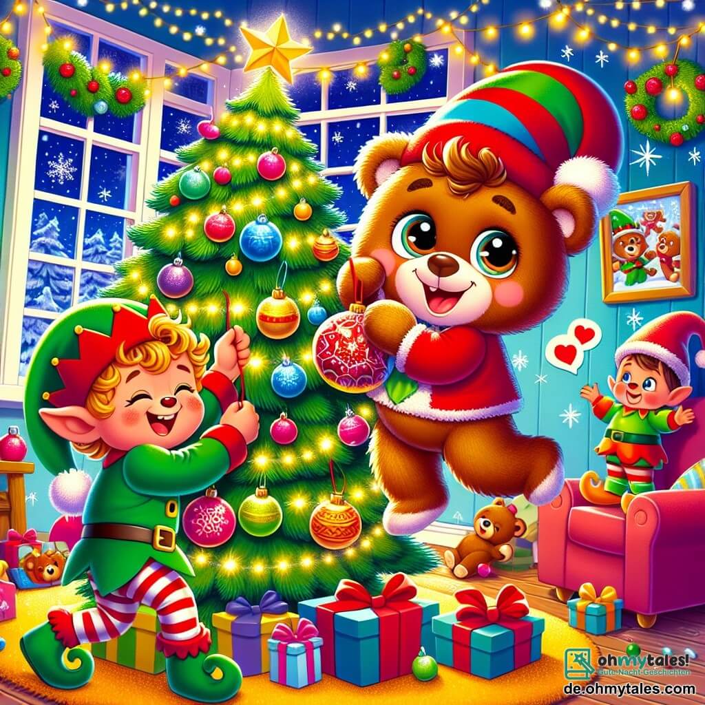 Ein kleiner Teddybär namens Bruno, mit weichem braunem Fell und glänzenden Augen, lächelt fröhlich, während er einen großen Weihnachtsbaum schmückt. Er hält eine funkelnde rote Weihnachtskugel in seinen Pfoten. Neben ihm lacht ein schelmischer Elf mit einem spitzen grünen Hut und bunten Kleidern, lockigen Haaren und einem schelmischen Gesicht, während er eine Girlande verkehrt aufhängt. Der Raum ist warm und voller funkelnder Lichter und festlicher Dekorationen, mit Schneeflocken, die durch das Fenster sichtbar sind. Im Mittelpunkt steht der majestätische Baum, umgeben von bunten Geschenken. Bruno und der Elf haben viel Spaß und schaffen eine fröhliche, festliche Atmosphäre, während sie gemeinsam Weihnachten vorbereiten.