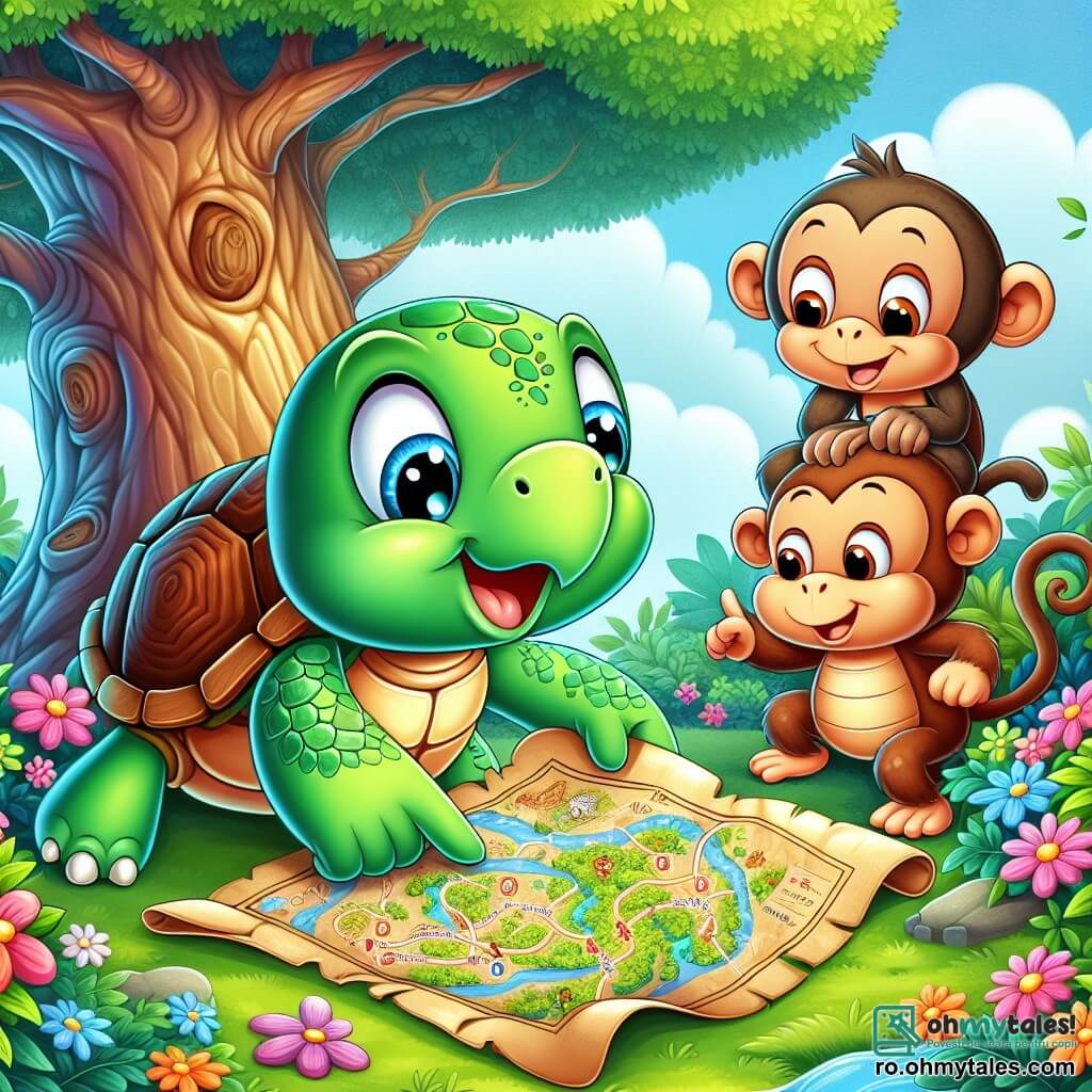 O broască țestoasă numită Titi, cu un carapace verde strălucitoare și ochi plini de curiozitate, stă în centrul scenei, zâmbitoare și plină de entuziasm, uitându-se la o hartă a comorii. La dreapta ei, un maimuțoi jucăuș numit Momo, cu blană brună și ochi șireți, se cațără într-un copac, pregătit să strige de bucurie. La stânga, o altă broască țestoasă numită Lili, cu un carapace dungi și un aer hotărât, observă atent harta, înclinându-se ușor înainte. În fundal, un copac mare și măreț, înconjurat de flori colorate și frunziș luxuriant, creează o atmosferă de junglă fermecată. Titi și prietenii ei sunt în plină căutare a unei comori misterioase, plini de entuziasm și râsete, pregătiți să trăiască o aventură de neuitat în junglă.