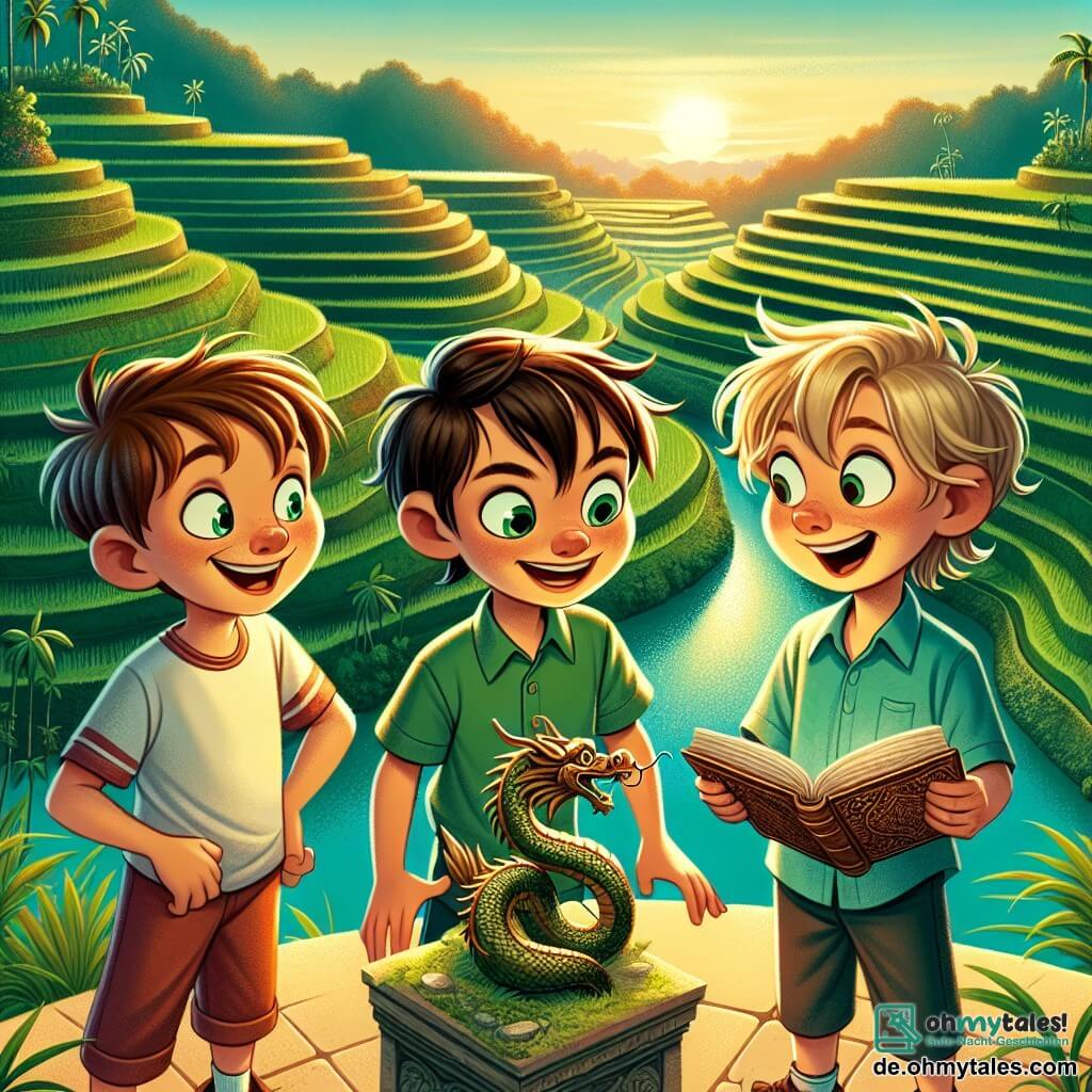 Drei achtjährige Jungen stehen am Rand eines wunderschönen Reisfeldes in Bali. Max, ein Junge mit braunen Haaren und funkelnden Augen, schaut fasziniert auf eine Drachenstatue im Mittelpunkt der Szene. Rechts von ihm zeigt Jonas mit zerzausten blonden Haaren und einem breiten Lächeln lachend auf die Statue. Links hält Paul, mit kastanienbraunen Haaren und runden Brillen, ein altes, offenes Buch in der Hand, seine Augen strahlen vor Neugier.

Die Landschaft ist ein weites Feld aus smaragdgrünen Reisfeldern mit sorgfältig gestalteten Terrassen und kleinen, glitzernden Wasserkanälen, die den blauen Himmel widerspiegeln. Die Sonne geht am Horizont unter und wirft goldene und orangefarbene Töne über die Felder, was eine magische und warme Atmosphäre schafft.

Die drei Freunde entdecken gemeinsam ein verborgenes Geheimnis, fasziniert von der Schönheit ihrer Umgebung und dem Abenteuer, das sie erwartet.