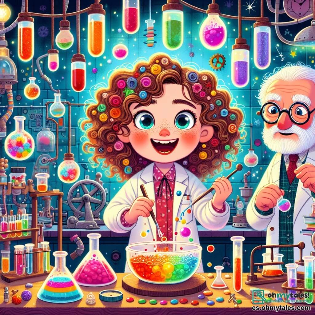 Clara, una inventora entusiasta con cabello rizado y despeinado, lleva una bata de laboratorio llena de manchas coloridas. Tiene una gran sonrisa en el rostro, los ojos brillantes de emoción, mientras mezcla colores vivos en un bol de vidrio, rodeada de tubos de ensayo y gadgets extraños. A su lado, Don Gusto, un hombre de unos 70 años con una larga barba blanca y gafas redondas, observa con una sonrisa amable. Sostiene un pequeño frasco de polvo colorido, listo para ayudar a Clara en su invención. El decorado es un taller mágico, lleno de máquinas raras, papeles voladores y paredes pintadas de colores vivos, donde destellos de luz brillan como estrellas. Las estanterías están repletas de tarros de caramelos y sabores extraños, creando una atmósfera alegre e imaginativa. La situación principal muestra a Clara probando su Boligrafo Multisabores, una explosión de colores y sabores que ocurre a su alrededor, mientras ríe del incidente, creando una atmósfera de descubrimiento y creatividad.