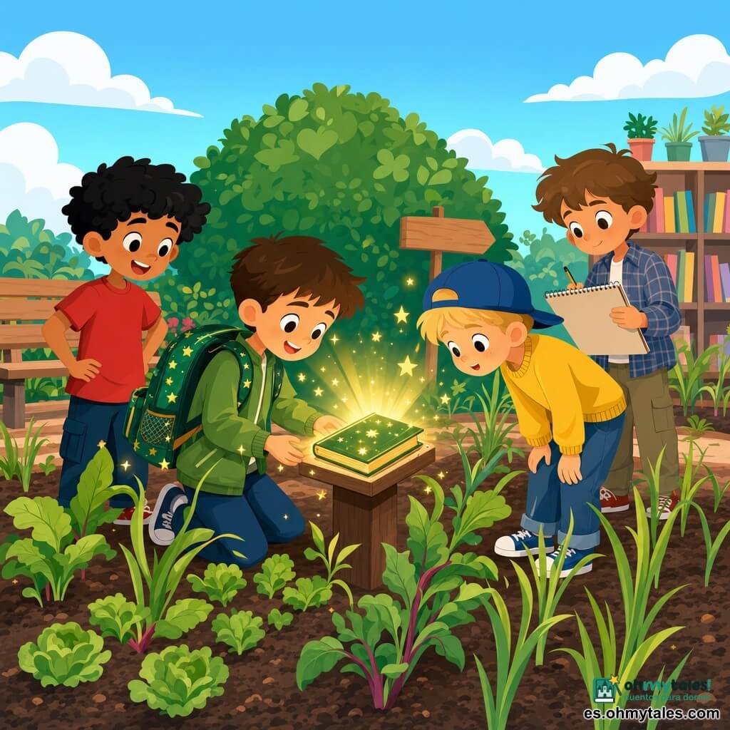 Hay cuatro niños: Tomás, ~8 años, pelo castaño corto, piel clara, chaqueta verde y mochila grande verde con estrellas; arrodillado en el centro junto a un pequeño pedestal de madera donde coloca un libro brillante; Javier, ~8 años, pelo negro rizado, piel morena, camiseta roja; a la izquierda de Tomás con las manos en las caderas y una sonrisa asombrada; Lucas, ~8 años, pelo rubio, piel clara, gorra azul y suéter amarillo; a la derecha, inclinado mirando el libro con curiosidad; Diego, ~8 años, pelo castaño claro, camisa a cuadros y cuaderno de dibujo; un poco atrás a la derecha dibujando la escena. Lugar: pequeño huerto escolar soleado con suelo de tierra, hileras de plantas y hierbas altas, un gran arbusto redondeado y una pequeña placa de madera que dice Aquí se devuelven los libros mágicos; cielo azul claro con nubes estilizadas, banco y estanterías para libros en colores pastel. Situación: los niños colocan un libro resplandeciente sobre el pedestal; las plantas se inclinan como bailando; ambiente alegre y mágico con rayos de luz suaves y pequeñas estrellas amarillas alrededor del libro.