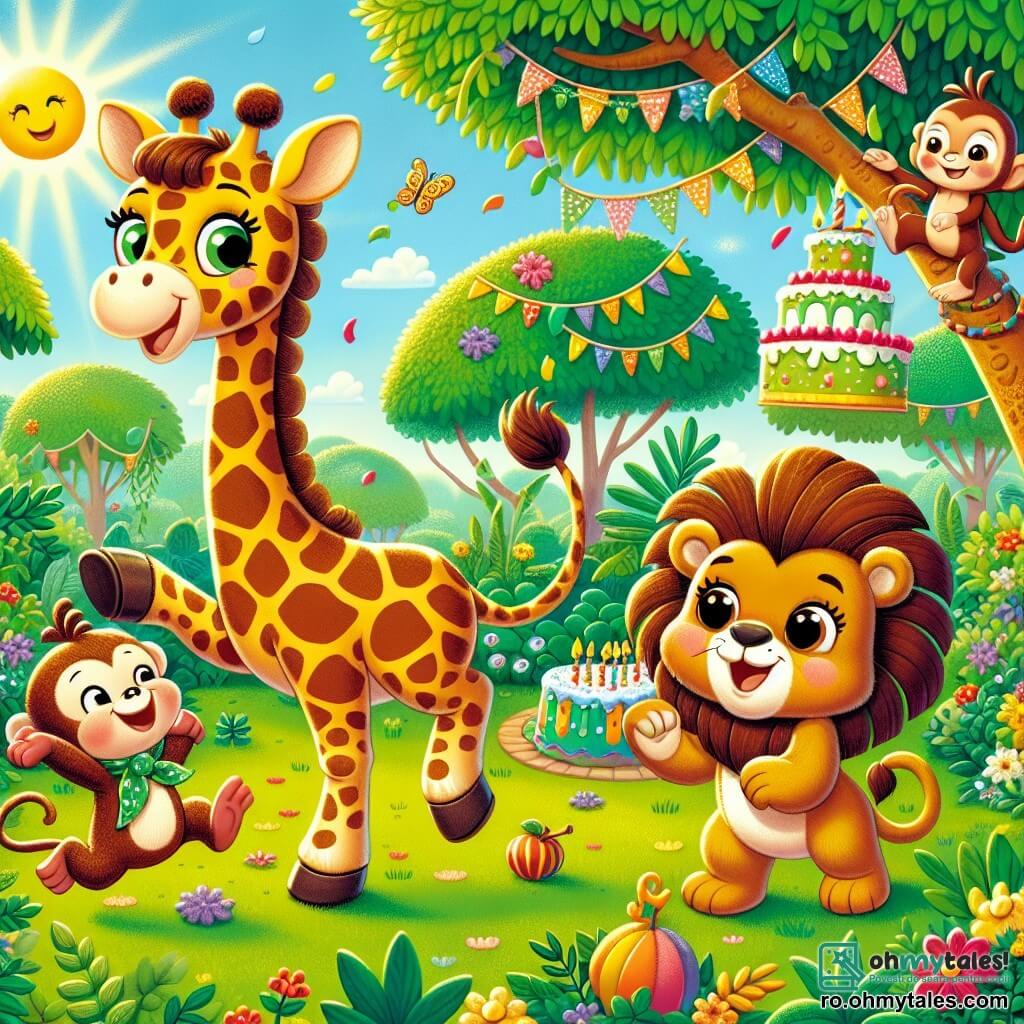 O girafă veselă numită Gigi, cu un gât lung și pătat și un zâmbet mare, dansează în mijlocul unei junglei colorate, înconjurată de frunze verzi strălucitoare și flori vibrante. Lângă ea, o maimuță jucăușă numită Titi, cu blană brună și ochi sclipitori, se leagănă pe o ramură, râzând și aplaudând-o pe Gigi. Un leu prietenos numit Leo, cu o coamă aurie și o privire curioasă, stă puțin mai retras, savurând o felie delicioasă de tort. Scena are loc într-o poiană însorită, plină de lumină, unde razele soarelui filtrează printre copaci, creând o atmosferă festivă. Gigi și prietenii ei se distrează dansând și celebrând o mare petrecere, plină de râsete și bucurie, cu fructe colorate și decorațiuni strălucitoare în jurul lor.