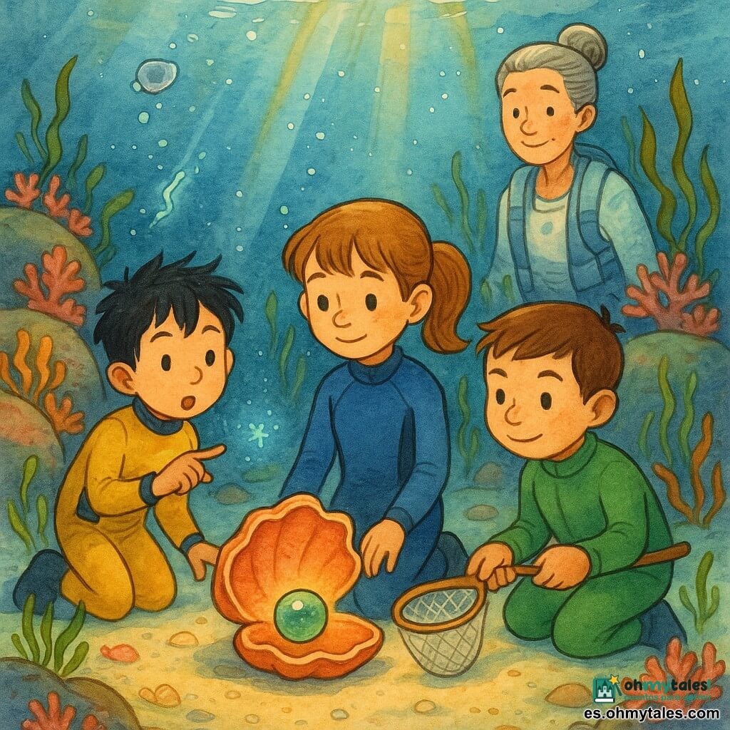 Cuatro personajes en un fondo marino junto a un pequeño arrecife: Luna, niña de 5 años, cola de caballo castaño claro, ojos grandes y tranquilos, con un traje de buceo azul, arrodillada junto a una concha mirando una perla verde; Nico, niño de 5 años, pelo negro despeinado, expresión curiosa, traje amarillo, a la izquierda señalando un filamento de plancton luminoso; Tomás, niño de 5 años, pelo castaño corto, actitud protectora, traje verde, a la derecha sosteniendo una pequeña red abierta para atrapar la perla; Marina, bióloga adulta, cabello gris recogido en moño, rostro sereno, traje blanco con chaleco ligero, al fondo junto a una roca vigilando y guiando. El paisaje: rocas redondas con corales rosas y naranjas, algas verdes y cintas marrones, arena clara con pequeñas conchas, grietas oscuras, una concha abierta en primer plano con la perla brillante; plancton azul verdoso centelleante y burbujas plateadas ascendiendo. Escena subacuática pacífica de recuperación de la perla, luz solar filtrada en franjas doradas, colores vivos y composición centrada y cálida.