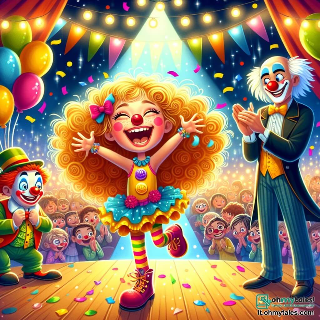 Al centro dell'immagine, una ragazza di 10 anni, Sofia, con capelli ricci e dorati, indossa un grande naso rosso da clown e una parrucca colorata. Sorride luminosamente, con gli occhi che brillano di eccitazione mentre danza felicemente sul palco, circondata da coriandoli colorati. Alla sua destra, un clown gioviale, un uomo di circa 30 anni, con il viso dipinto di bianco e un grande sorriso, indossa un costume blu e giallo e applaude con entusiasmo. Alla sua sinistra, un mago misterioso, un uomo di cinquant'anni, vestito con un lungo mantello nero, osserva divertito, tenendo una bacchetta magica. La scena si svolge sotto un grande tendone da circo, con colori vivaci, luci scintillanti e palloncini fluttuanti. Il pubblico, sullo sfondo, ride e applaude con meraviglia. Sofia, piena di gioia, fa ridere il pubblico imitando un clown, mentre il mago e il clown la incoraggiano, creando un'atmosfera magica e divertente nel circo.