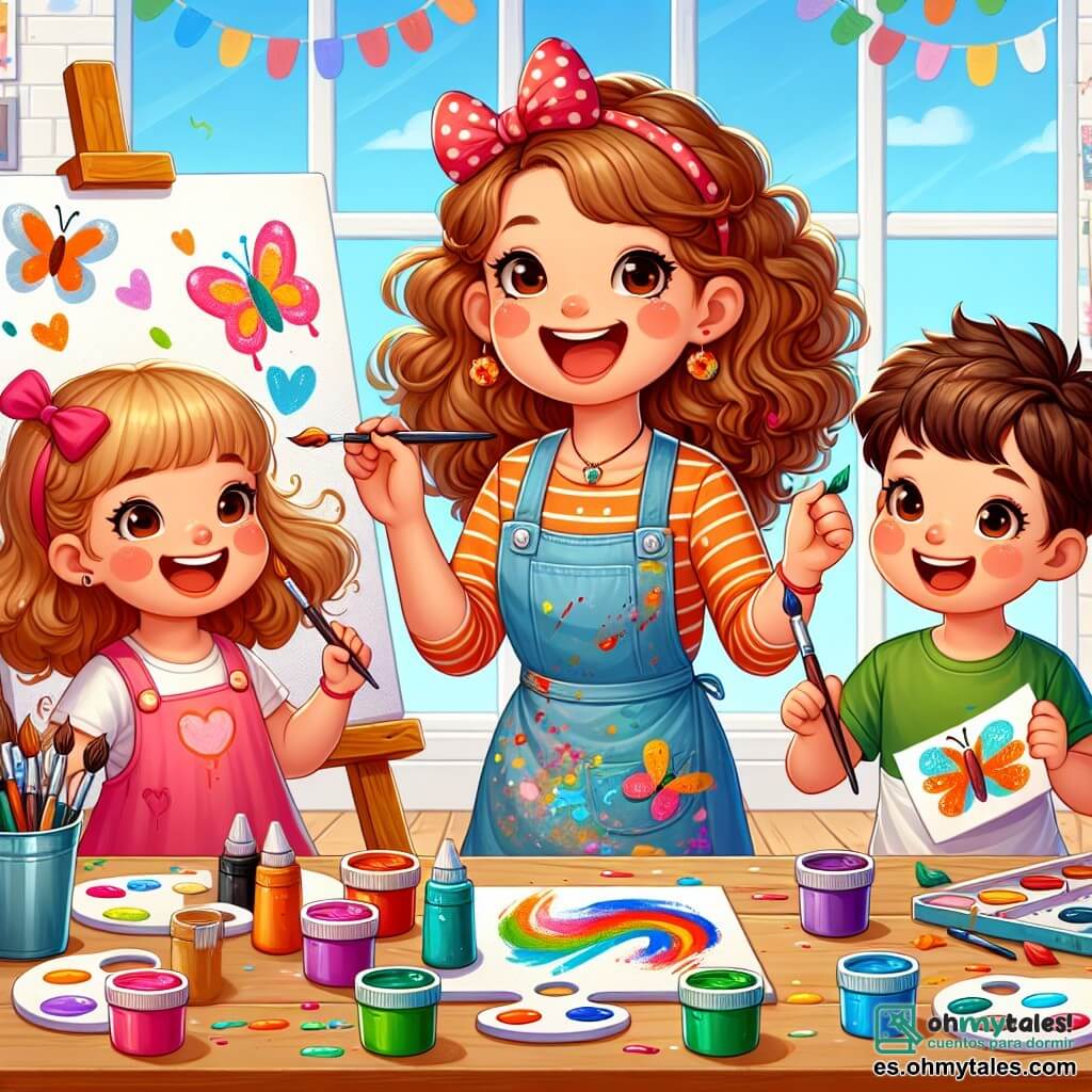 Una artista, Marina, sonriente y alegre, con cabello rizado castaño y un delantal manchado de pintura, se encuentra frente a una gran mesa de madera llena de pinceles, botes de pintura vibrantes y hojas en blanco. Está mostrando a dos niños cómo pintar, con ojos brillantes de entusiasmo. Lila, una niña de 7 años con un bonito lazo rojo en el cabello, está sentada junto a Marina, concentrada en su pintura de una mariposa colorida, con las mejillas sonrojadas de emoción. Tomás, un niño de 6 años con una camiseta verde, está de pie pintando un gran pez azul, con una gran sonrisa en su rostro. El lugar es un taller luminoso, con paredes blancas decoradas con dibujos de niños, ventanas que dejan entrar la luz del sol y una gran mesa de madera en el centro, cubierta de colores brillantes. Marina anima a Lila y Tomás a expresar su creatividad mientras mezclan colores y ríen juntos, creando un hermoso mural colectivo lleno de alegría y amistad.