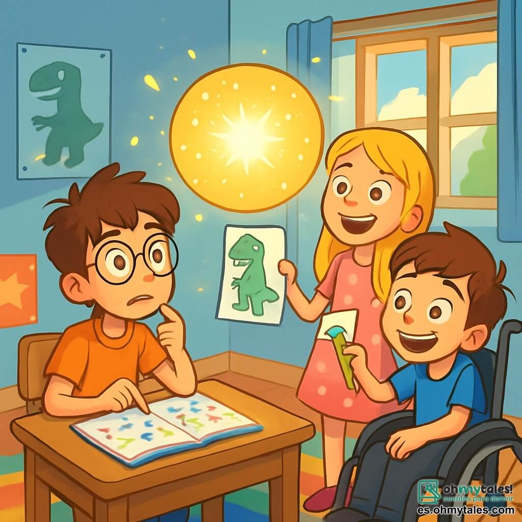 Hay 3 personajes: Mateo, un niño de 10 años con cabello castaño desordenado y gafas redondas, sentado en un escritorio de madera, mirando un cuaderno de matemáticas lleno de números coloridos. Carla, una niña de 8 años con cabello largo rubio y un vestido rosa con lunares, de pie al lado de Mateo, sosteniendo un lápiz y un dibujo de un gran dinosaurio verde, sonriendo curiosamente. Lucas, un niño de 9 años en silla de ruedas, con cabello castaño y una camiseta azul, inclinado hacia adelante, riendo y observando la escena con ojos chispeantes. La escena transcurre en una habitación infantil luminosa, con paredes pintadas de azul cielo y posters de dinosaurios y estrellas. Un gran tapete colorido está en el suelo y una ventana abierta deja entrar un suave rayo de sol, iluminando la habitación. La situación principal muestra a los tres amigos, asombrados, mientras una esfera de luz brillante flota frente a ellos, llenando la habitación con un suave resplandor dorado. Se miran con expresiones de sorpresa y emoción, listos para vivir una aventura mágica.